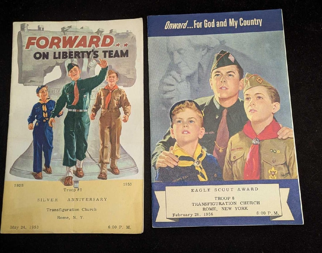 2 1950s Boy Scout Eagle Scout Programs: 2 1950s Boy Scout Eagle Scout Programs. This lot contains: (1) "Forward On Liberty's Team - Troop 8 Silver Anniversary Program. This is approx 5 1/2" x 8 3/4". (1) "Onward