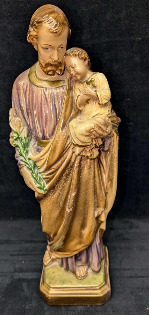 Vintage Chalkware Joseph With Baby Jesus 16" Figurine: Vintage Chalkware Joseph With Baby Jesus 16" Figurine. Made in Italy. This is approx 6" x 4 1/2" x 16 1/2" and it weighs 3.67 lbs. The figurine has chips and cracks, and the bottom company sticker is