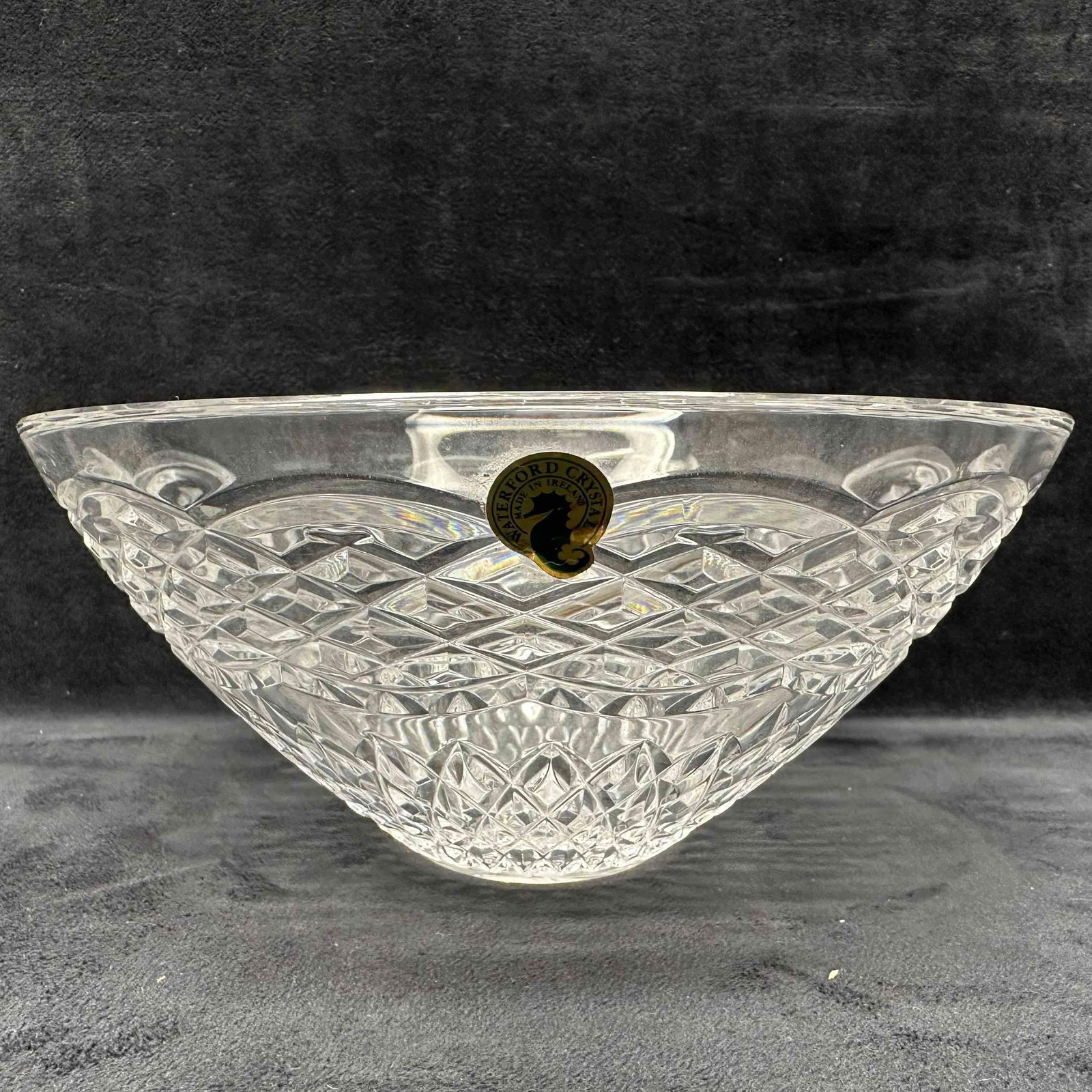 Waterford Crystal Glass Criss-Cross Geometric Pattern Bowl: Original tag still intact. Marked Waterford. No noticeable imperfections in great shape considering age and storage, minor wear. This item is in good pre-owned, previously displayed condition with lig