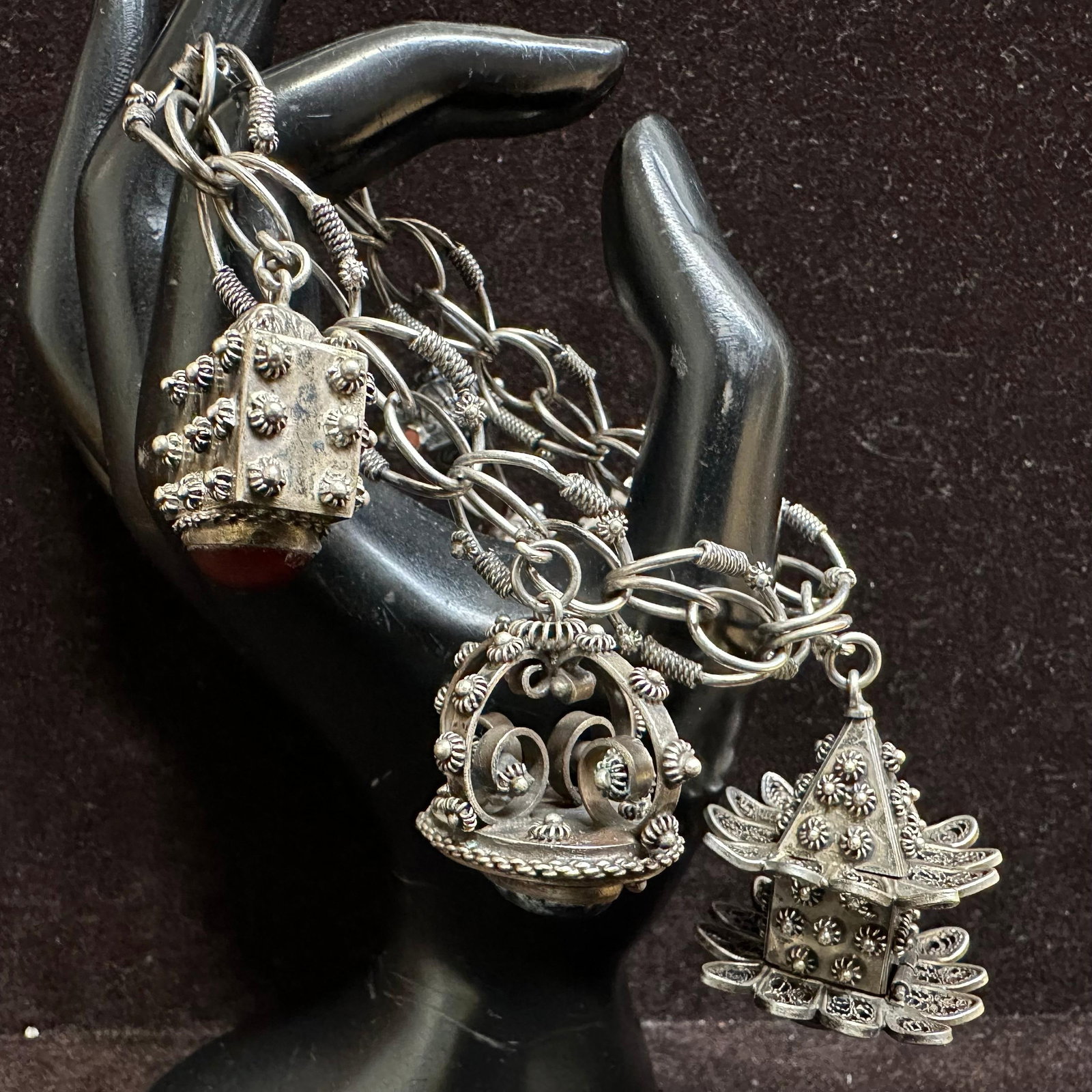 Ornate Filigree Charm Bracelet 800 Silver Etruscan Revival Style: This item is in good pre-owned, previously used/displayed condition with noticeable light wear and surface scratches. Please reference all photos for full details. This piece of jewelry has been