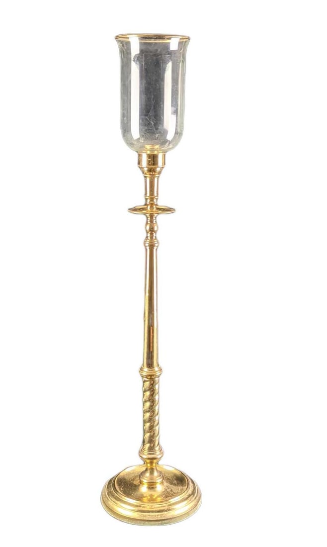 Vintage Decorative Crafts Brass Floor Candlestick Holder: Vintage Decorative Crafts Brass Floor Candlestick Holder. Has an nice twist design near the bottom by the base. Is approx 9" x 9" x 39" and weighs 9.19lbs. Candlestick holder is in a good, vintage con