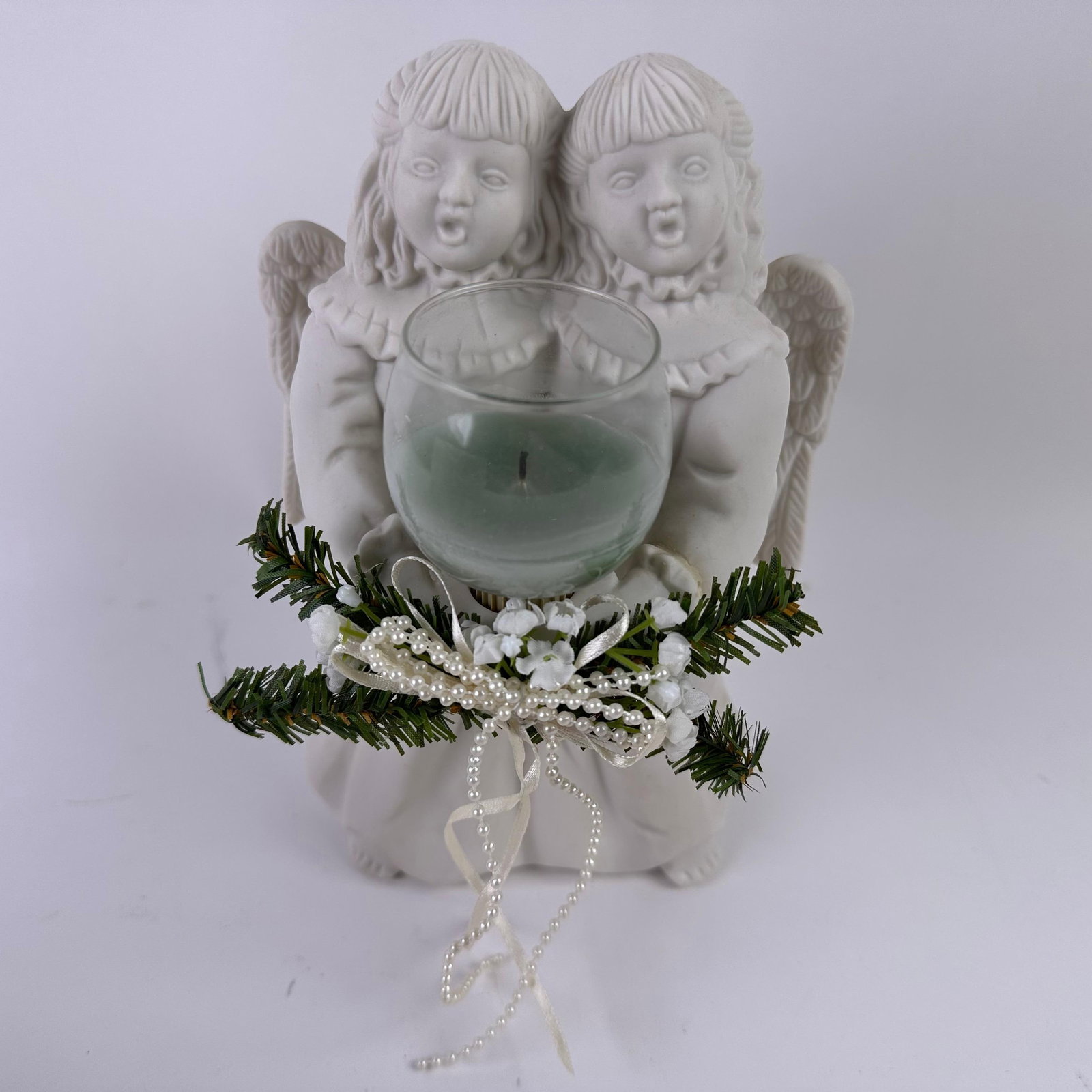 Two Angels Singing Votive Candle Holder White Christmas Holiday Decor: 1997 White Porcelain Bisque Singing Angels Victorian Christmas Candle Holder Tealight Holder. Includes a removable glass hurricane bowl for a tealight or votive candle. Decorated with faux pearls