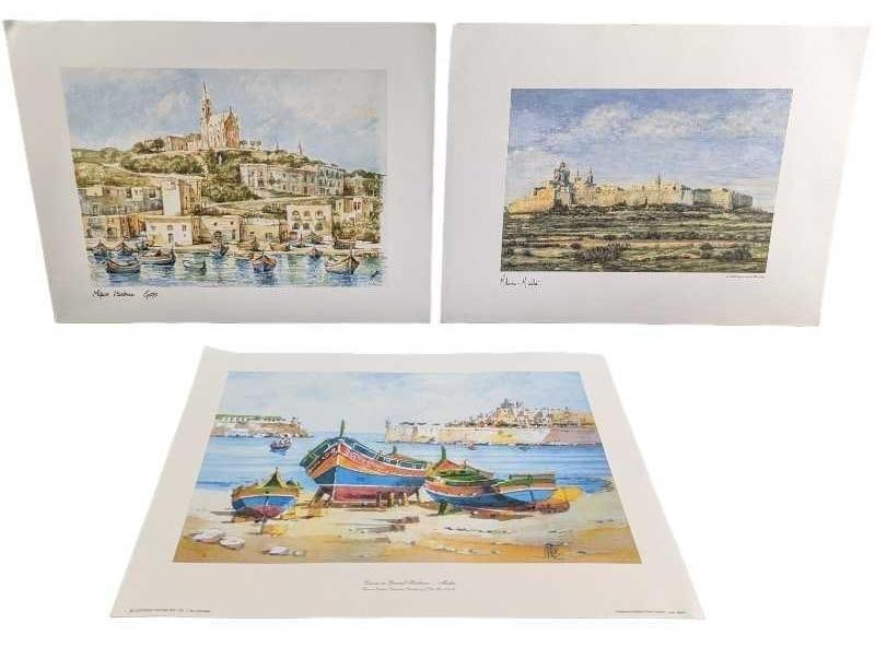 3 Lithograph Prints Mgarr Harbour & Malta (1 of 8)