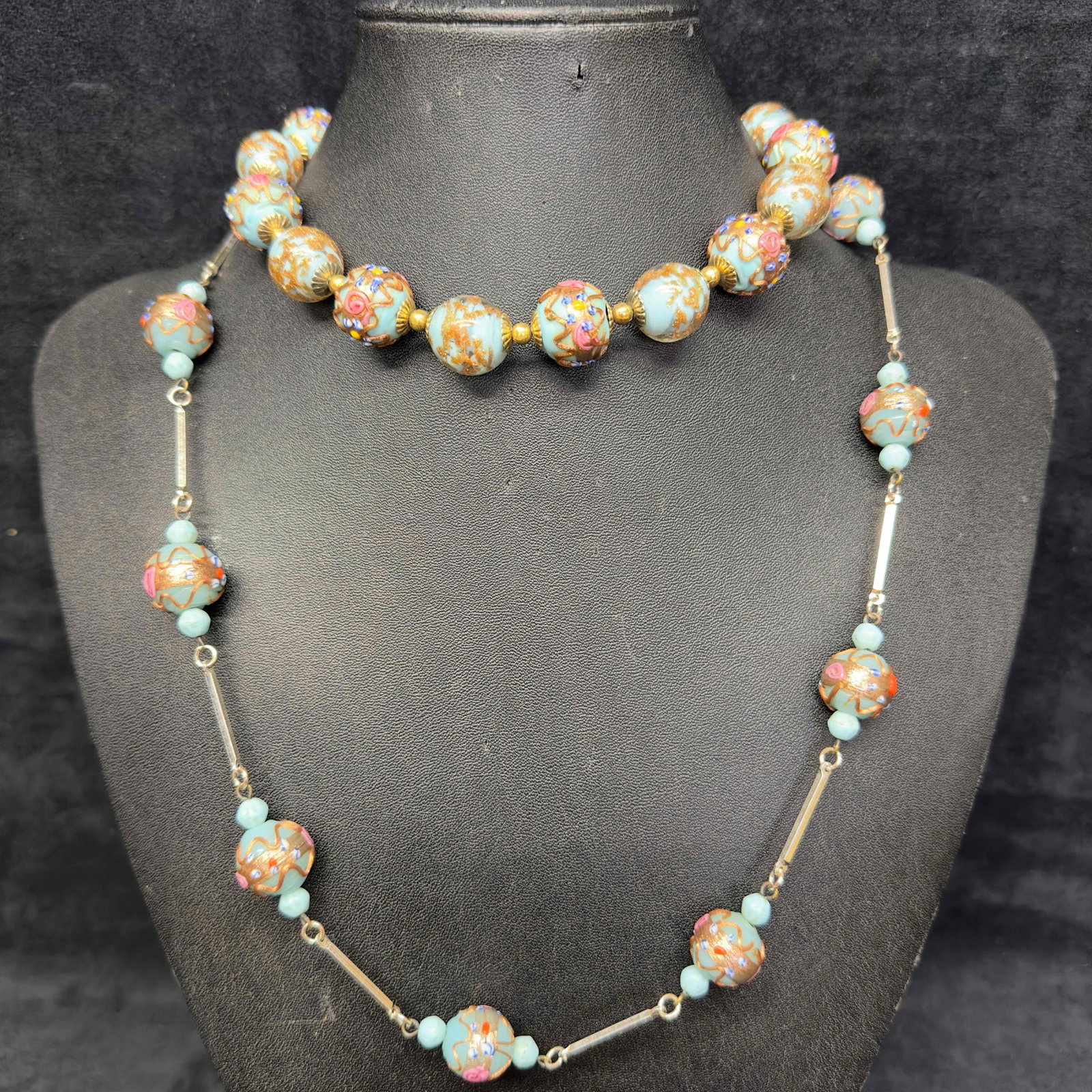 Murano Venetian Lamp Work Glass Fiorato Light Blue Round Bead Necklace Set Floral Necklaces A23: Murano Venetian Lamp Work Glass Fiorato Light Blue Round Bead Necklace Set Floral Necklaces A23. Necklaces with light blue colored glass beads with beautiful hand painted floral designs on each. The n