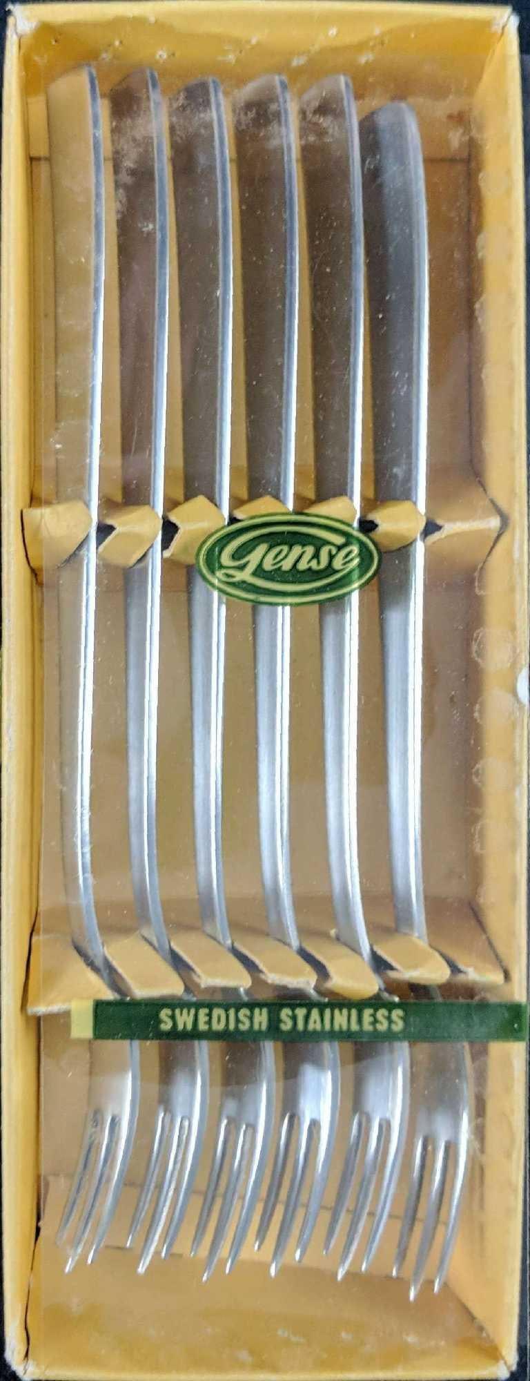 Six Vintage Gense Stainless Steel Cocktail Forks: Six Vintage Gense Swedish Stainless Steel Seafood Cocktail Forks In Their Original Box. Original box is approx 3" x 8" x 1". Forks are in good, vintage condition with some light wearing. Mad