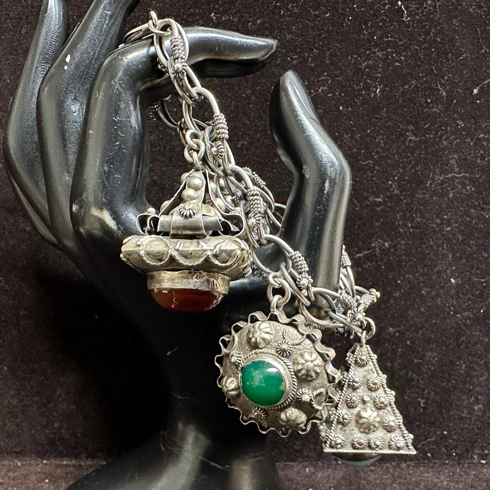 Natural and Faux Stone Ornate Multi Fob Charm 800 Silver Bracelet R73: This item is in good pre-owned, previously used/displayed condition with noticeable light wear and surface scratches. Please reference all photos for full details. This piece of jewelry has been