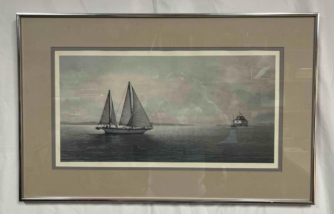 Limited Edition Lithograph Sailing Past Thomas Point David Knowlton III: This lot contains a Limited Edition Lithograph Sailing Past Thomas Point by David Knowlton III. The approx. weight and dimensions are listed below. Overall the lithograph is in good pre owned