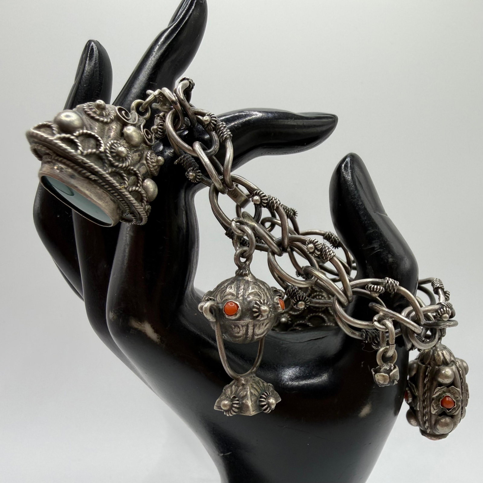 Figural Fob Charm Etruscan Revival Link Chain 800 Silver Bracelet ER80: This item is in pre-owned, previously used/displayed condition with noticeable light wear and surface scratches. Please reference all photos for full details. This piece of jewelry has been carefully