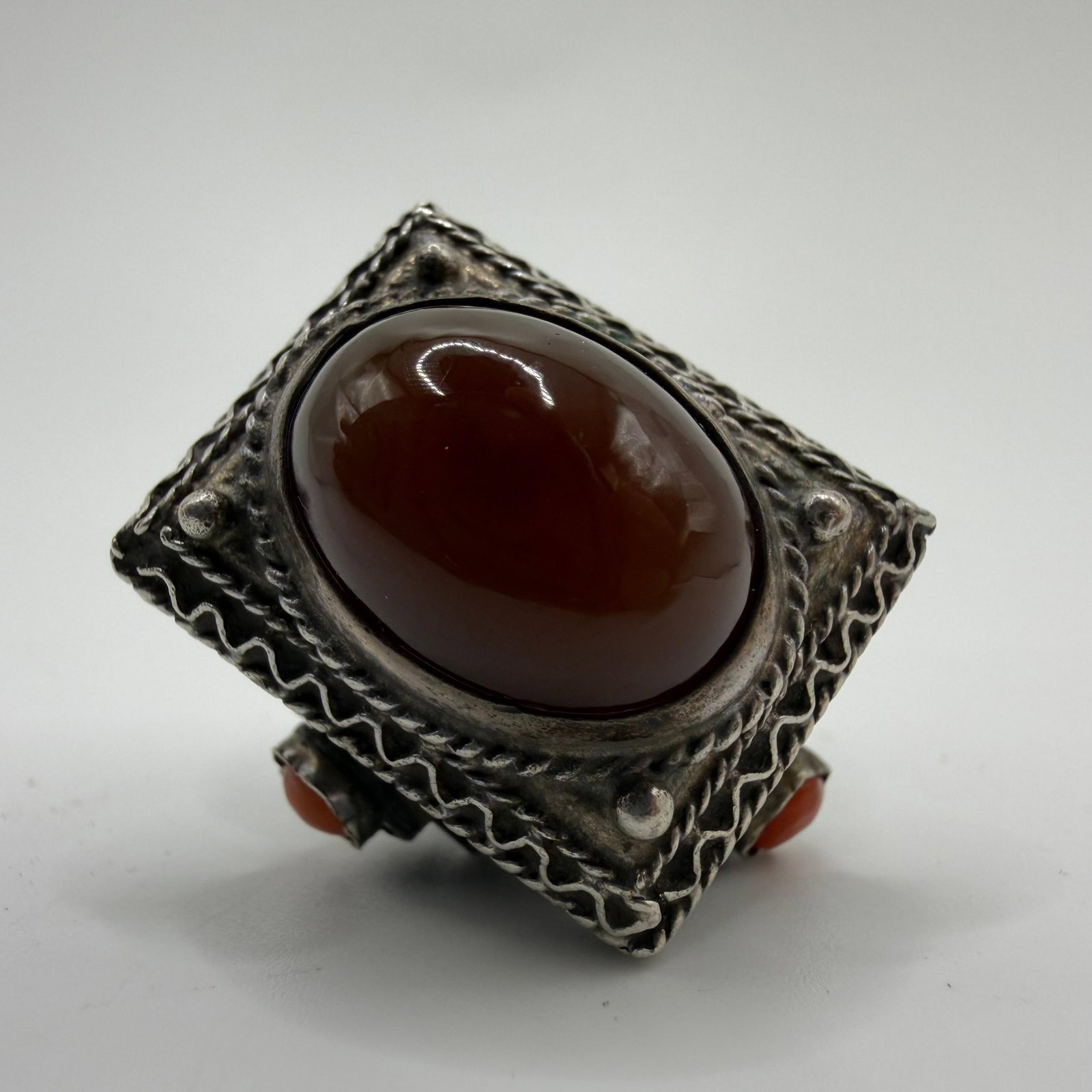 Carnelian Oval and Coral Ornate Ribbon Motif 800 Silver Fob Charm ER68 (1 of 5)