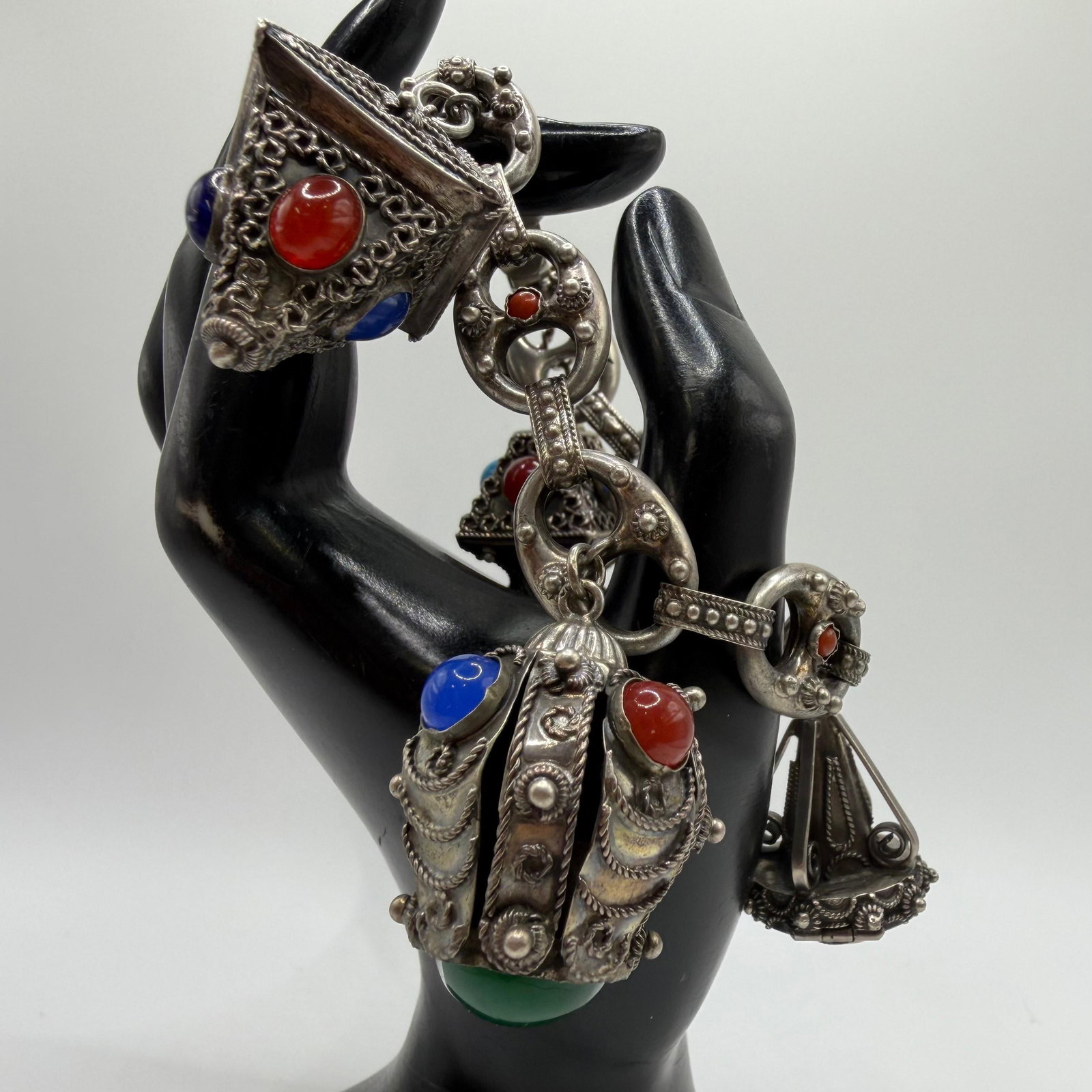 Etruscan Revival Style Fob Charm Faux and Natural Stone 800 Silver Bracelet ER74: This item is in pre-owned, previously used/displayed condition with noticeable light wear and surface scratches. Please reference all photos for full details. This piece of jewelry has been carefully