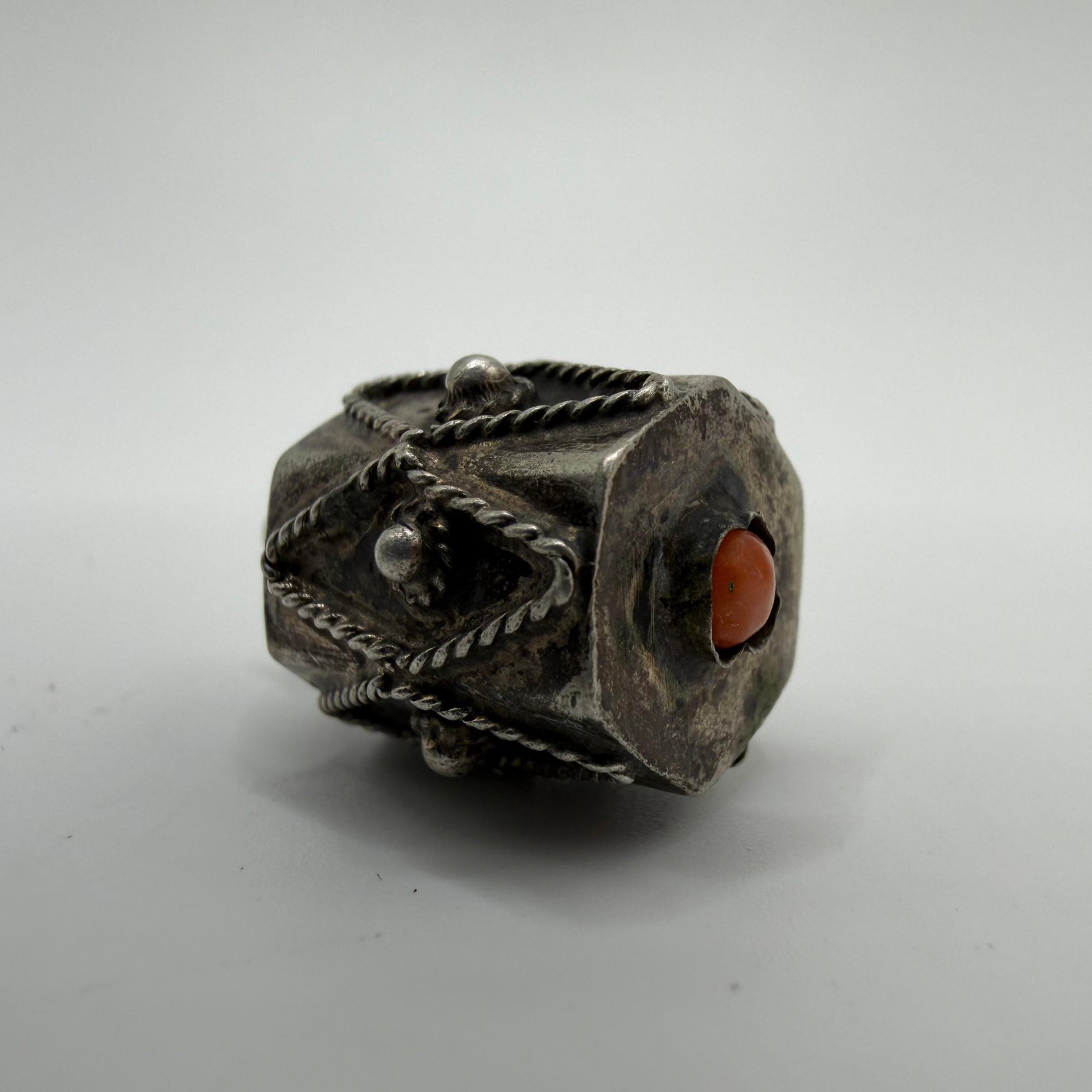 Single Fob Charm 800 Silver Coral Accent Etruscan Style: This item is in pre-owned, previously used/displayed condition with noticeable light wear and surface scratches. Please reference all photos for full details. This piece of jewelry has been carefully