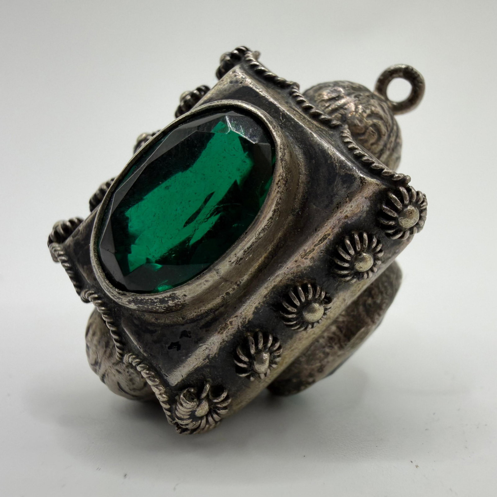 Single Fob Charm 800 Silver Emerald Green Glass Accent Etruscan Style: This item is in pre-owned, previously used/displayed condition with noticeable light wear and surface scratches. Please reference all photos for full details. This piece of jewelry has been carefully 