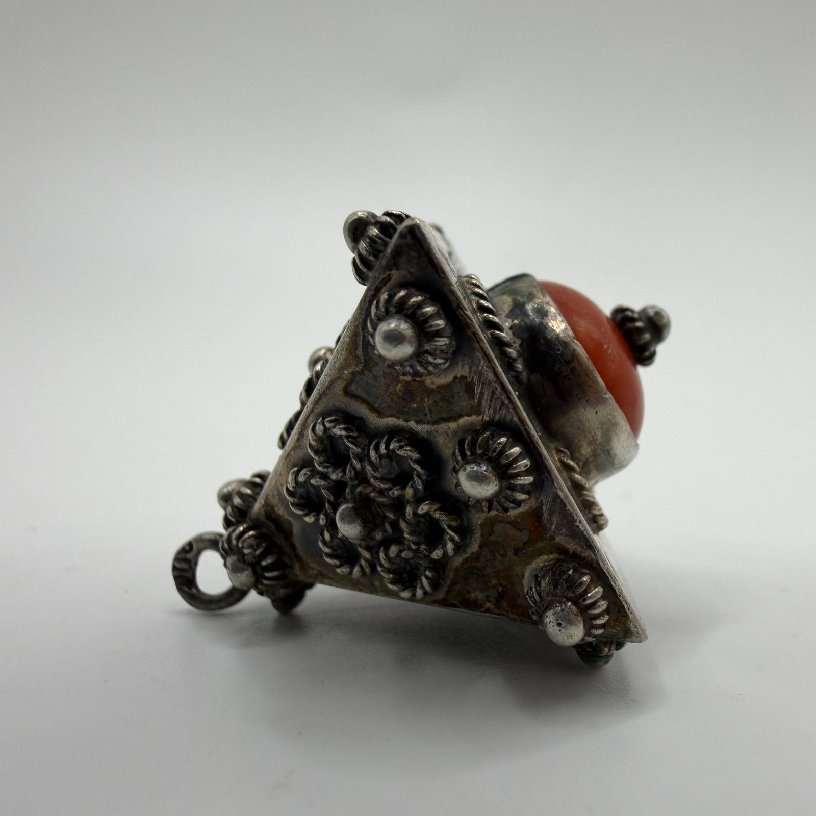 Ornate Floral Fob Charm 800 Silver Coral Accent Etruscan Style ER75: This item is in pre-owned, previously used/displayed condition with noticeable light wear and surface scratches. Please reference all photos for full details. This piece of jewelry has been carefully 