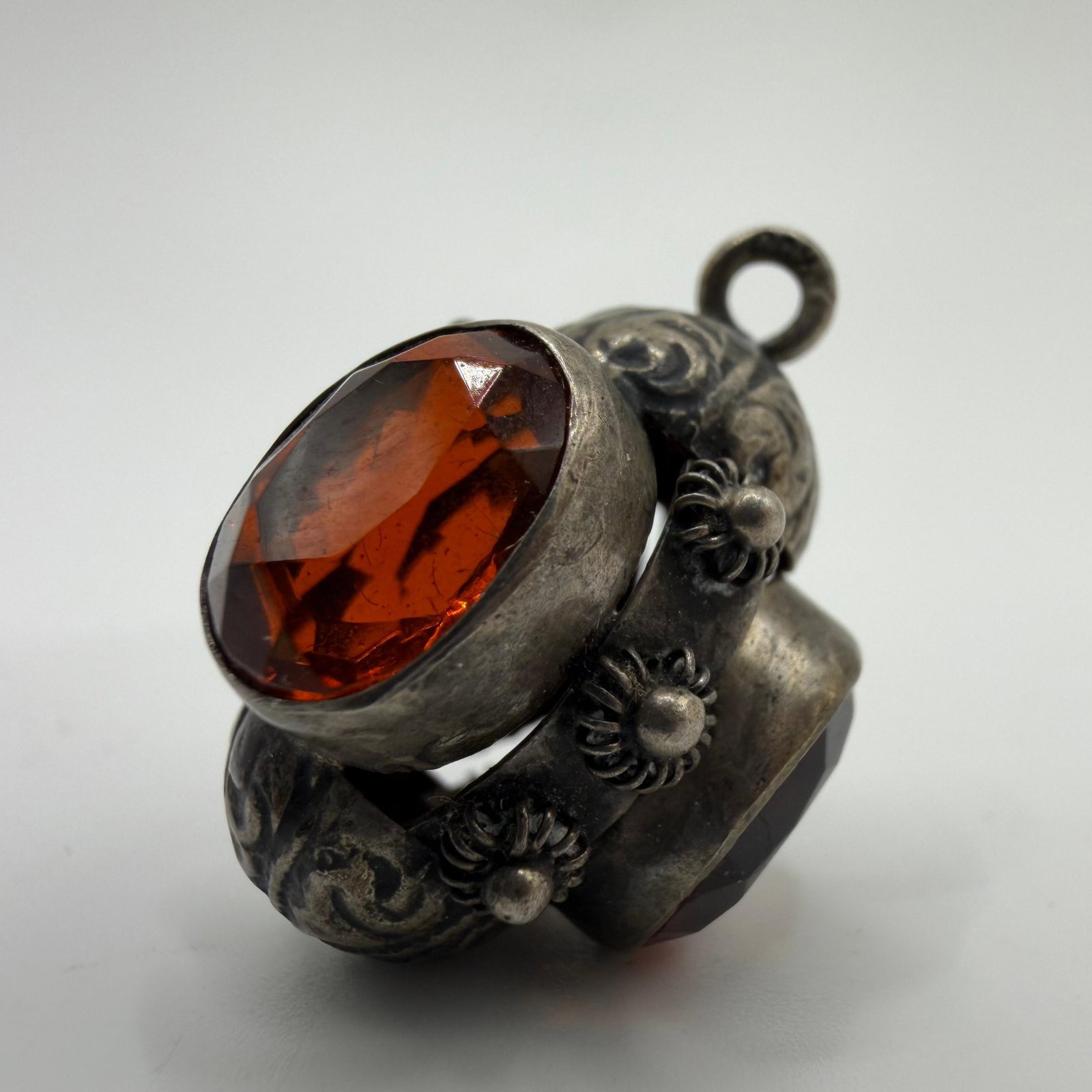 Ornate Fob Charm 800 Silver Amber Color Glass Accent Etruscan Style ER76: This item is in pre-owned, previously used/displayed condition with noticeable light wear and surface scratches. Please reference all photos for full details. This piece of jewelry has been carefully 