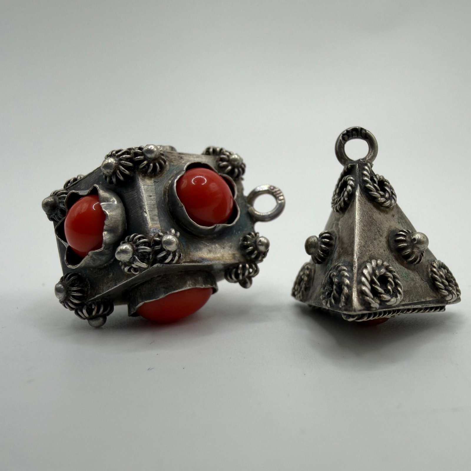 Ornate Fob Charm Set 800 Silver Etruscan Style ER77: This item is in pre-owned, previously used/displayed condition with noticeable light wear and surface scratches. Please reference all photos for full details. This piece of jewelry has been carefully 