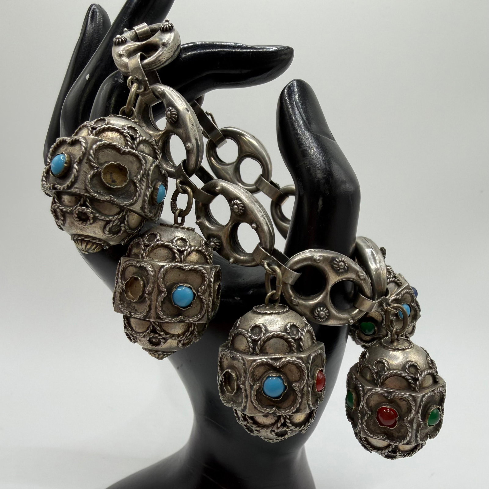 Etruscan Revival Fob Charm Silver 800 Bracelet ER78: This item is in pre-owned, previously used/displayed condition with noticeable light wear and surface scratches. Please reference all photos for full details. This piece of jewelry has been carefully 