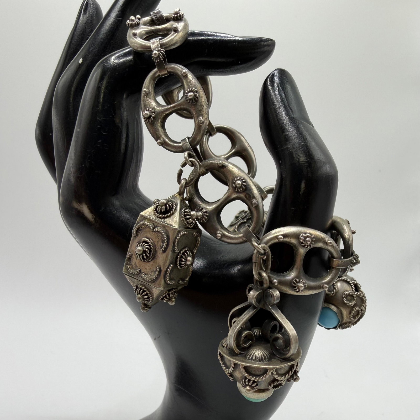 Etruscan Revival Figural Fob Charm Silver 800 Bracelet ER79: This item is in pre-owned, previously used/displayed condition with noticeable light wear and surface scratches. Please reference all photos for full details. This piece of jewelry has been carefully 