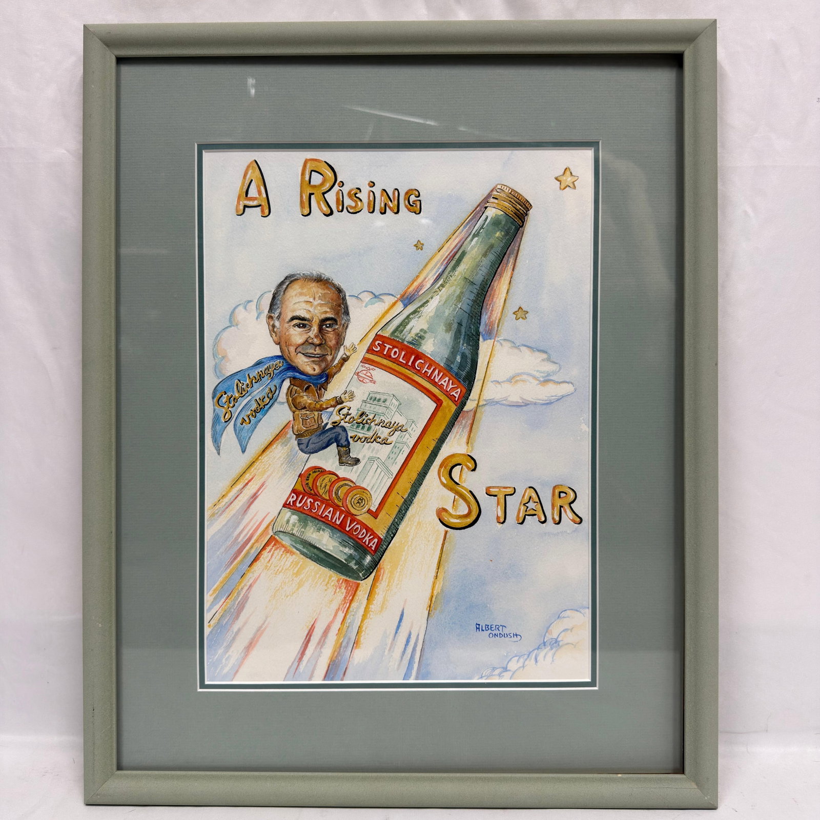Albert Ondush Original A Rising Star Stolichnaya Vodka Advertising Illustration Michel Roux: Original mixed-media watercolor illustration on paper by Albert Ondush, titled “A Rising Star.” Whimsical advertising-style composition depicts a caricature of Michel Roux, riding a rocket