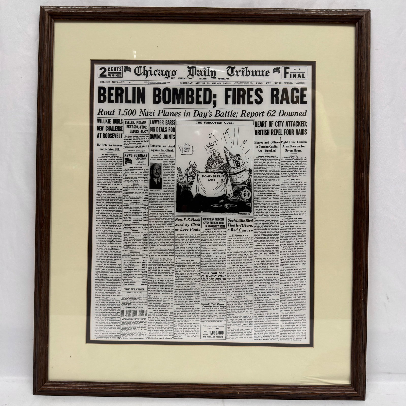 WWII Chicago Daily Tribune Berlin Bombed Fires Rage Newspaper Archival Print: Framed Chicago Daily Tribune, archival print, front page dated Saturday, August 31, 1940, featuring the prominent World War II headline “BERLIN BOMBED; FIRES RAGE” with the