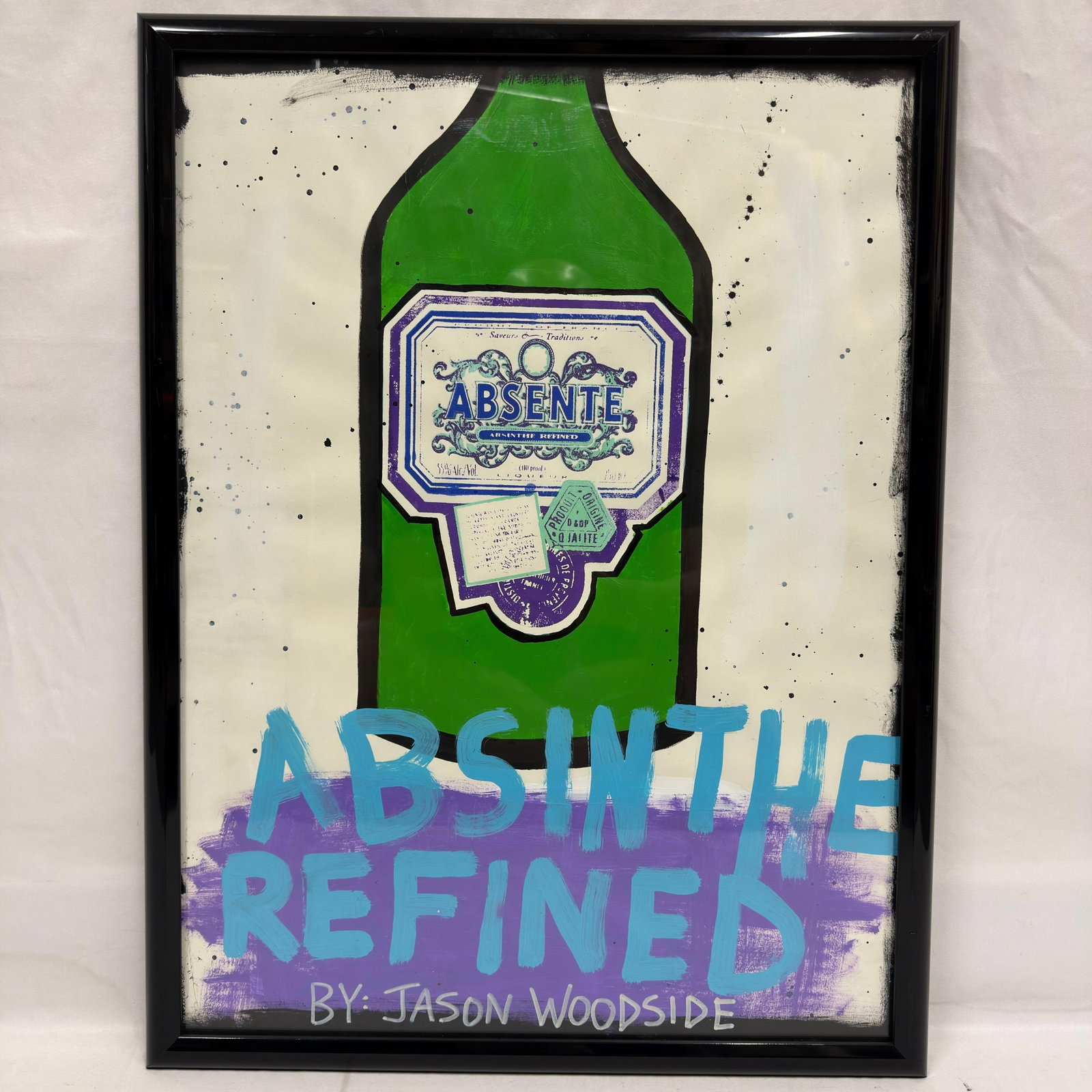Jason Woodside Absinthe Refined Mixed Media Pop Art Contemporary: Contemporary mixed-media artwork titled “Absinthe Refined” by Jason Woodside, featuring a large green Absente absinthe bottle with applied/printed bottle label, bold hand-painted lettering
