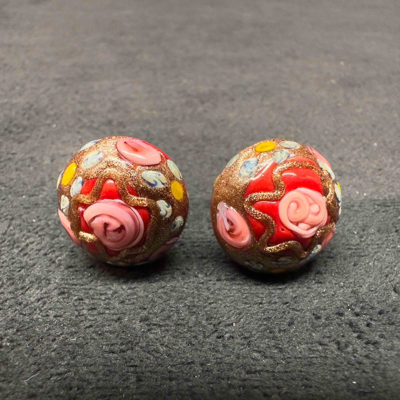 Murano Venetian Art Glass Lamp Work Red Floral Copper Accent Circle Earrings G92 (1 of 6)