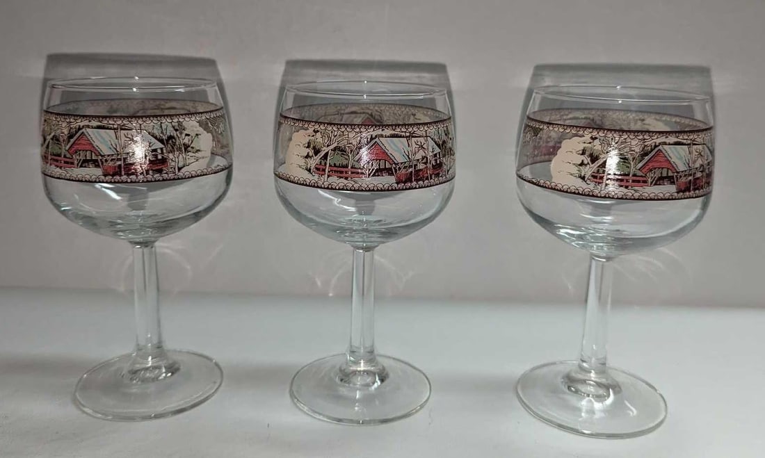 3 Covered Bridge Friendly Village Glassware Goblets: 3 Covered Bridge Friendly Village Glassware Goblets. . This retired series of fine china was released by the Johnson Brothers, from the year 1953 to the year 2003. These goblets are approxim