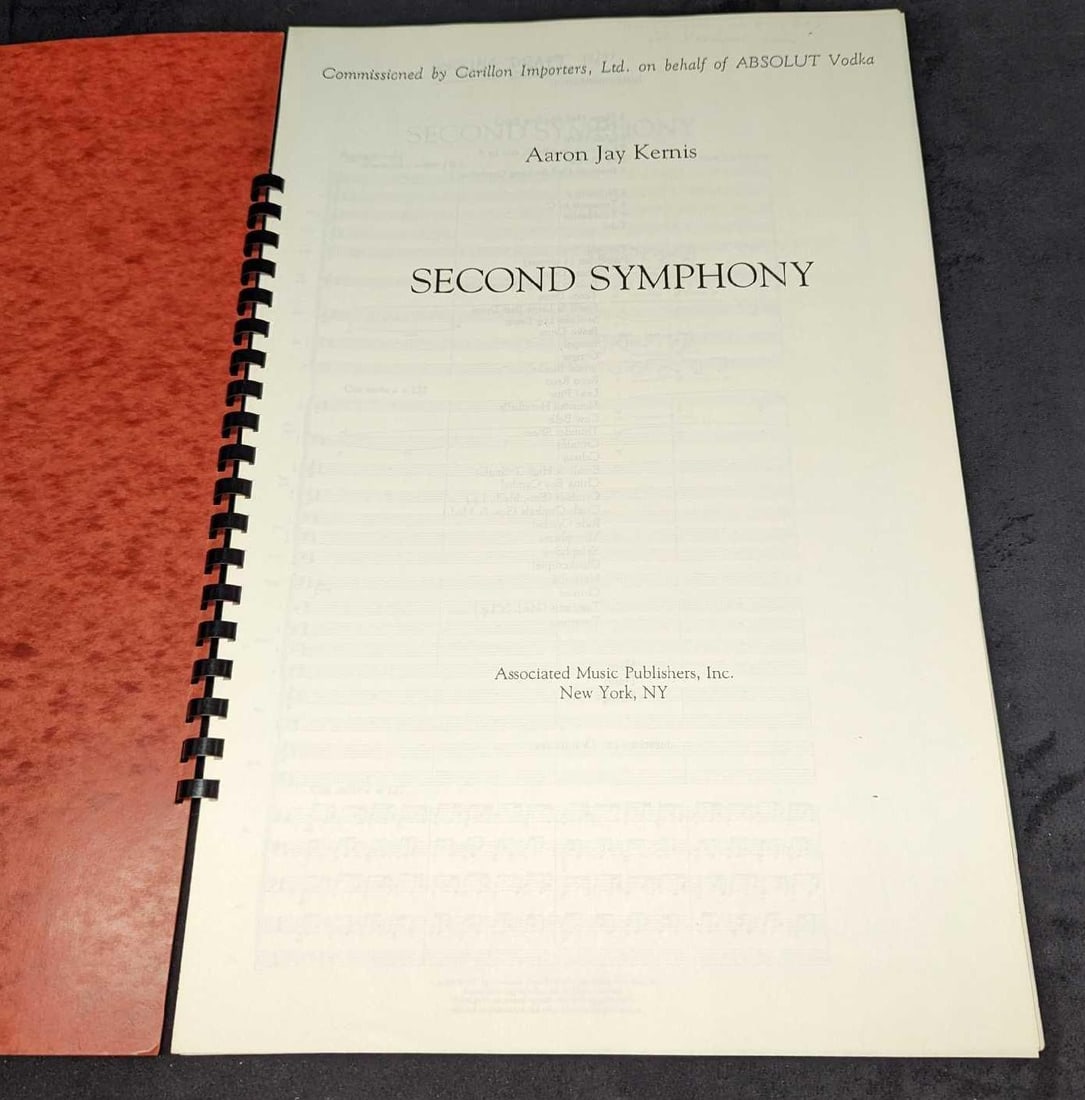 Aaron Jay Kernis Second Symphony Full Score Sheet Music Book: Aaron Jay Kernis Second Symphony Full Score Sheet Music Book. Commissioned by Carillon Importers , Ltd on behalf of ABSOLUT Vodka. This is approx 11 3/4" x 3/4" x 17 1/4" and it weighs 1.50lb. 