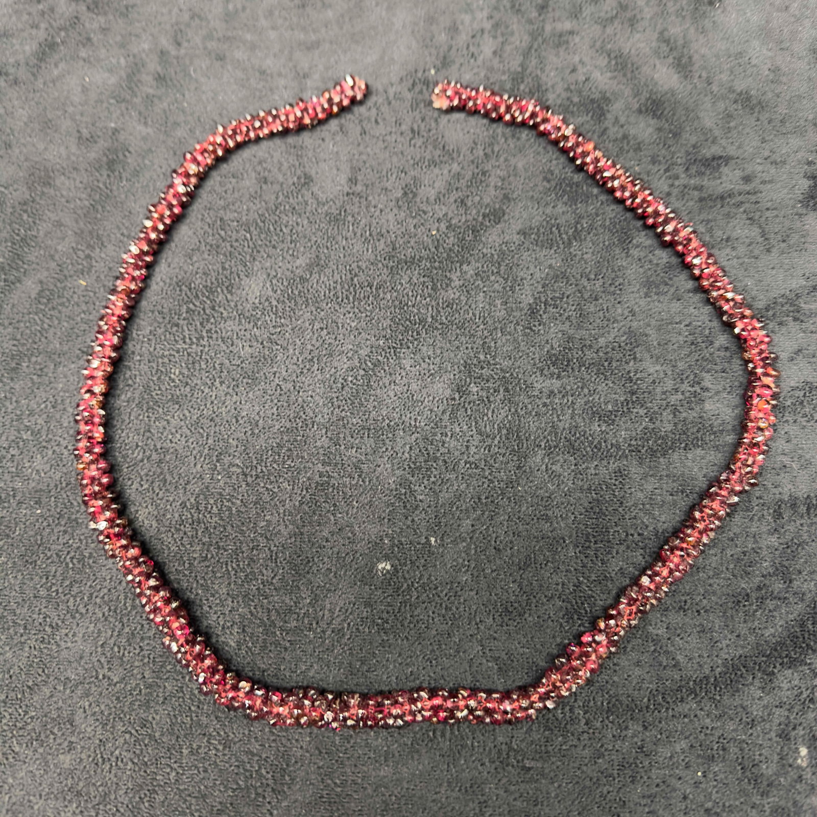 Gemstone Bead Purple Amethyst Style Woven Beaded Necklace Broken H95: Gemstone Bead Purple Amethyst Style Woven Beaded Necklace Broken H95. Necklace with purple colored gemstone beads with beautifully shaped designs. The necklace features no clasp as each
