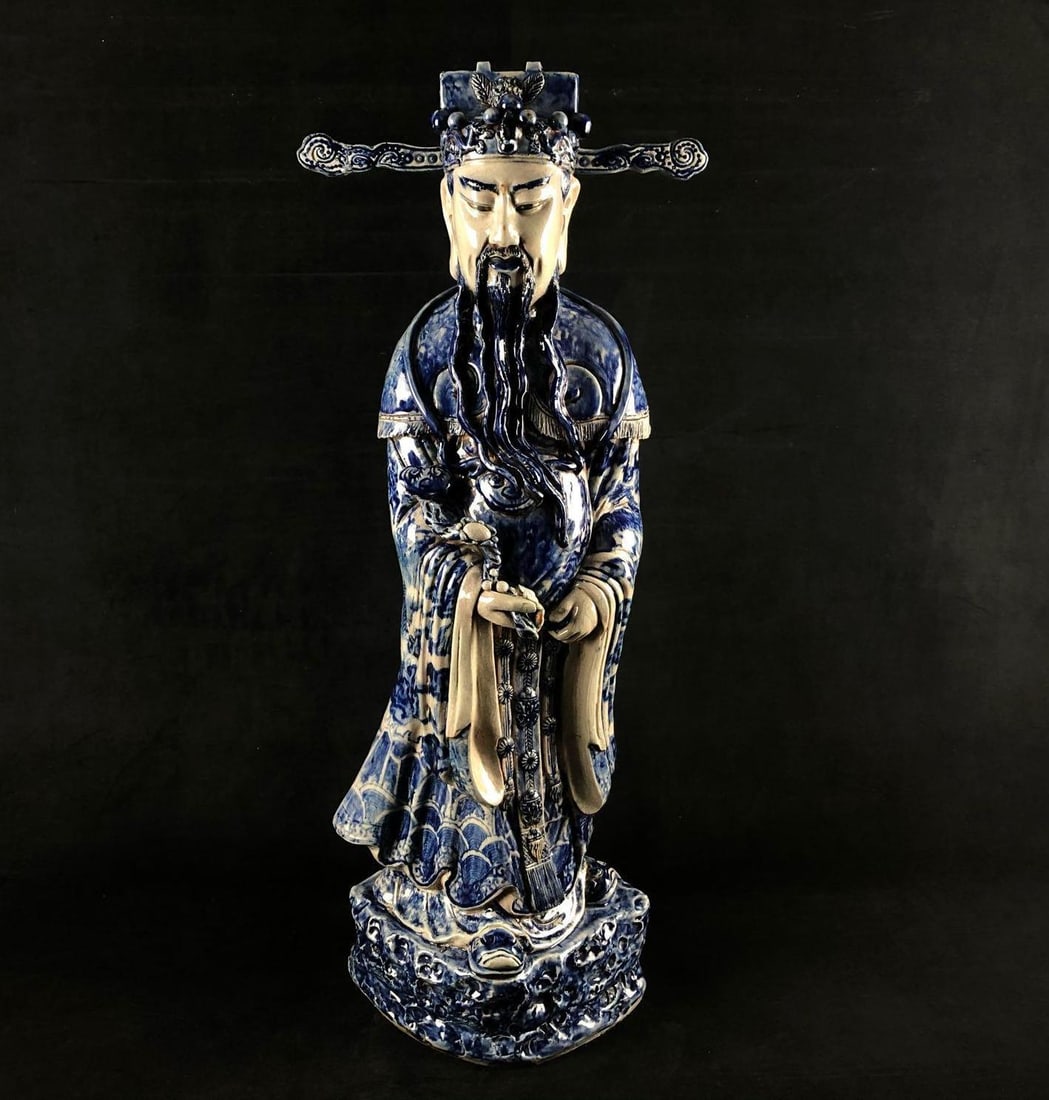 Antique Colossal Size! Chinese Blue and White Porcelain Statue of Fuk: Antique Colossal Size! Chinese Blue and White Porcelain Statue of Fuk The Chinese character Fuk (or Fu) means "good luck" or "