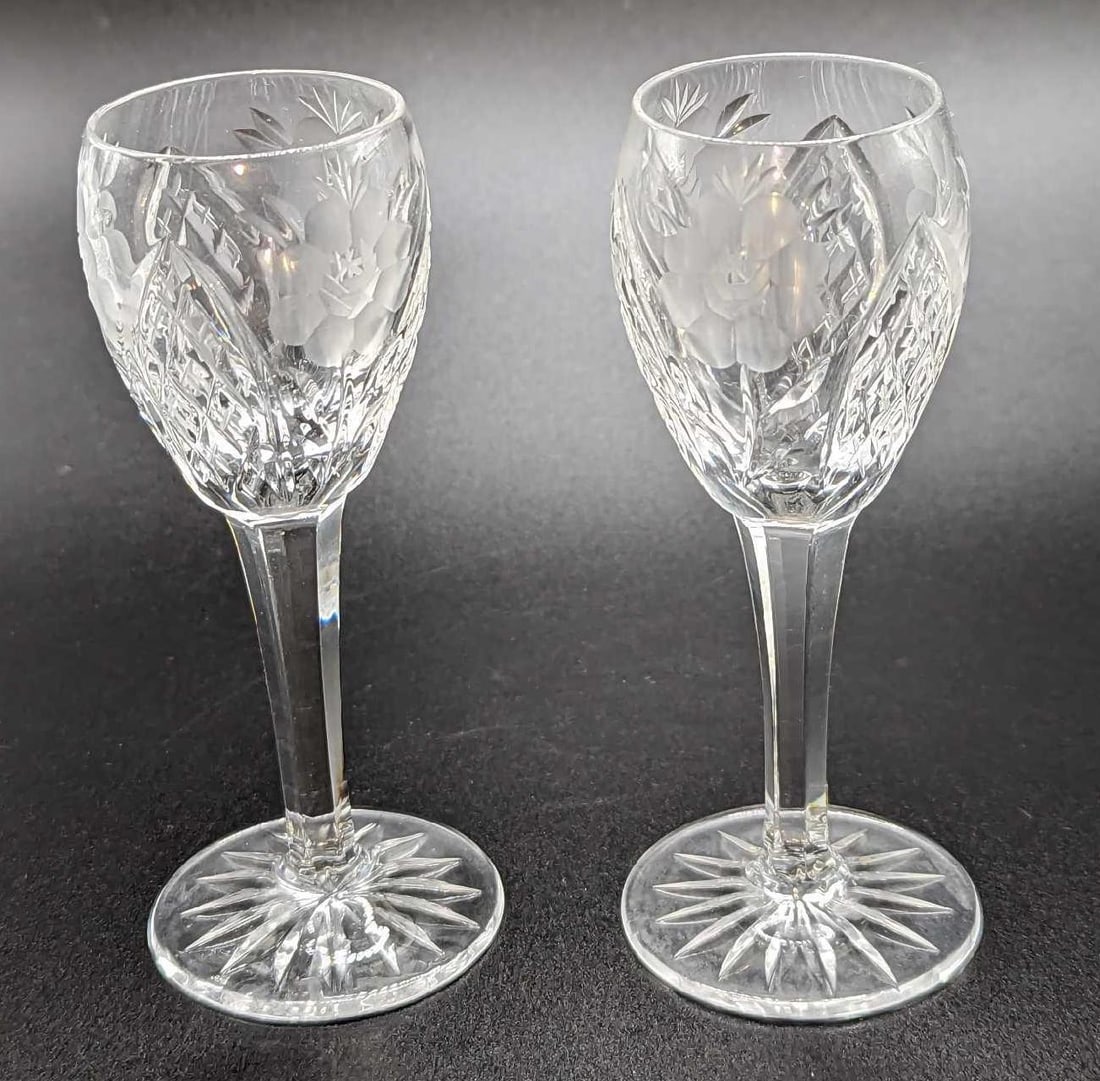 2 Retired Glass American Cut Vega Cordial Glasses A: 2 Retired Glass American Cut Vega Cordial Glasses A. Each is approx 1 7/8" x 1 7/8" x 4 1/2" and the total weight is 0.30lb. The glasses have no chips or cracks.