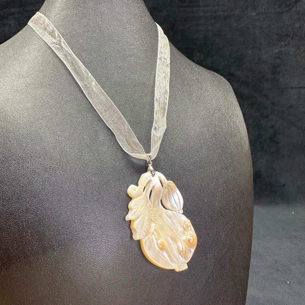 Hand-Carved Blister Pearl Necklace - Plant: This piece of jewelry has been tested and researched prior to listing. Please view all our pictures they are part of our description. DETAILS: Metal - Base Metal Color - Silver Stones - Blister