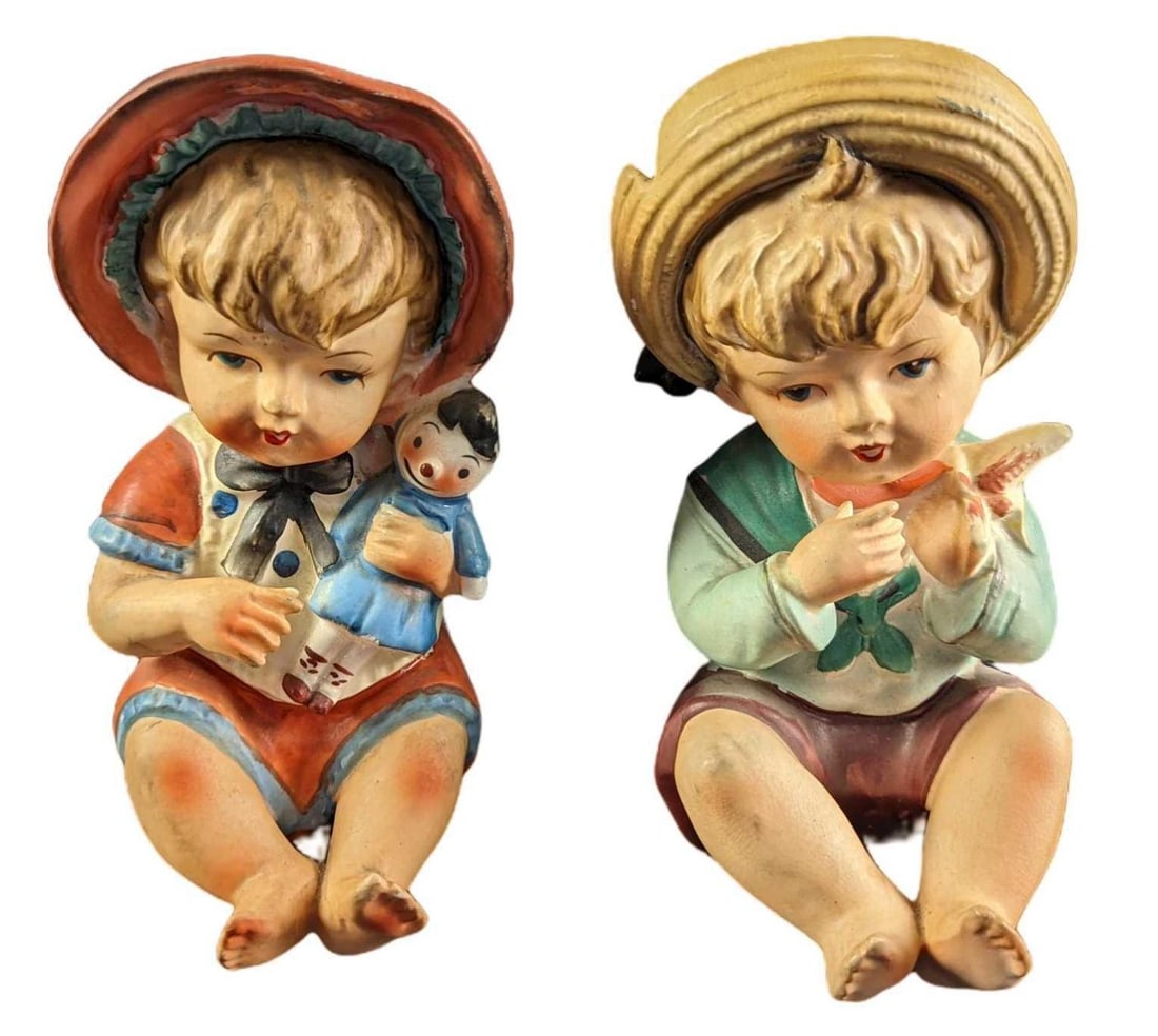 Two Vintage Lipper & Mann Ceramic Babies: This lot includes: (1) Baby Girl With Doll. Is approx 3" x 4" x 7" and it weighs 0.79lb. (1) Baby Boy. Is approx 3 1/2" x 4" x 7" and it weighs 0.81lb. Both fi