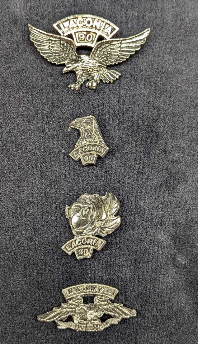 4 Silver Tone 1990 Bike Week Laconia Pinback Pins: 4 Silver Tone 1990 Bike Week Laconia Pinback Pins. This Bike Week took place in Laconia, New Hampshire. The rally was the largest annual gathering of North American motorcyclists until it was