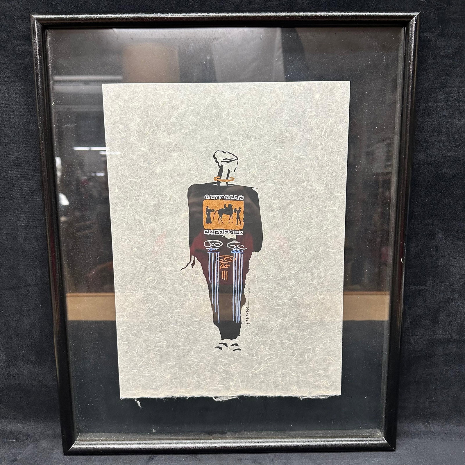 Signed Mixed Media Figurative Artwork Textured Art Paper Framed: Mixed media artwork depicting a stylized standing figure rendered in a minimalist, graphic style. Executed on textured art paper, believed to be flax or similar fiber-based art paper, with visible nat
