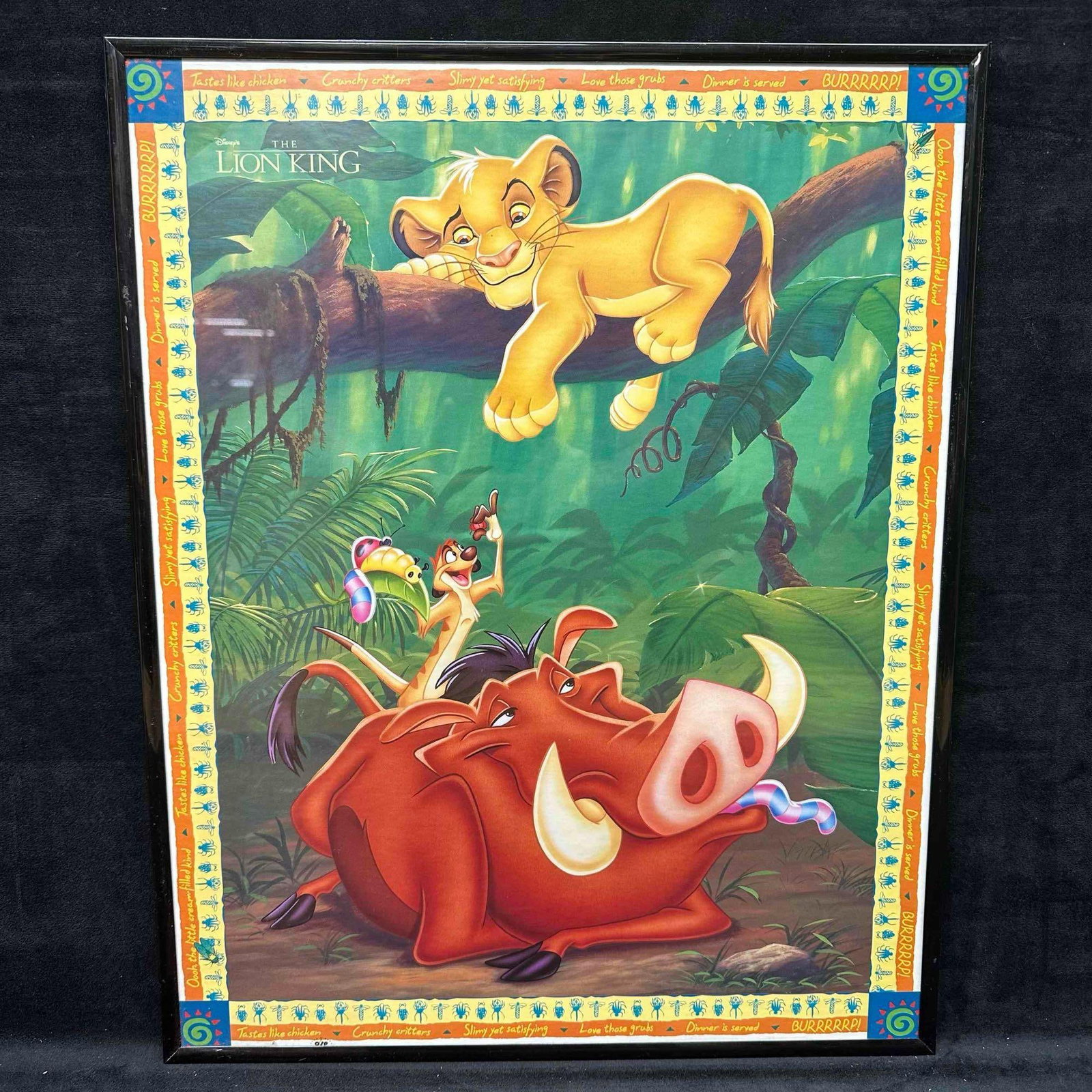 Disney's The Lion King Simba Timon and Pumbaa Poster 20'' x 16": The plastic frame is black. This item is in good pre-owned, previously displayed condition with light wear, and surface scratches. Please reference all photos for full details. Frame: 20 1/4" leng