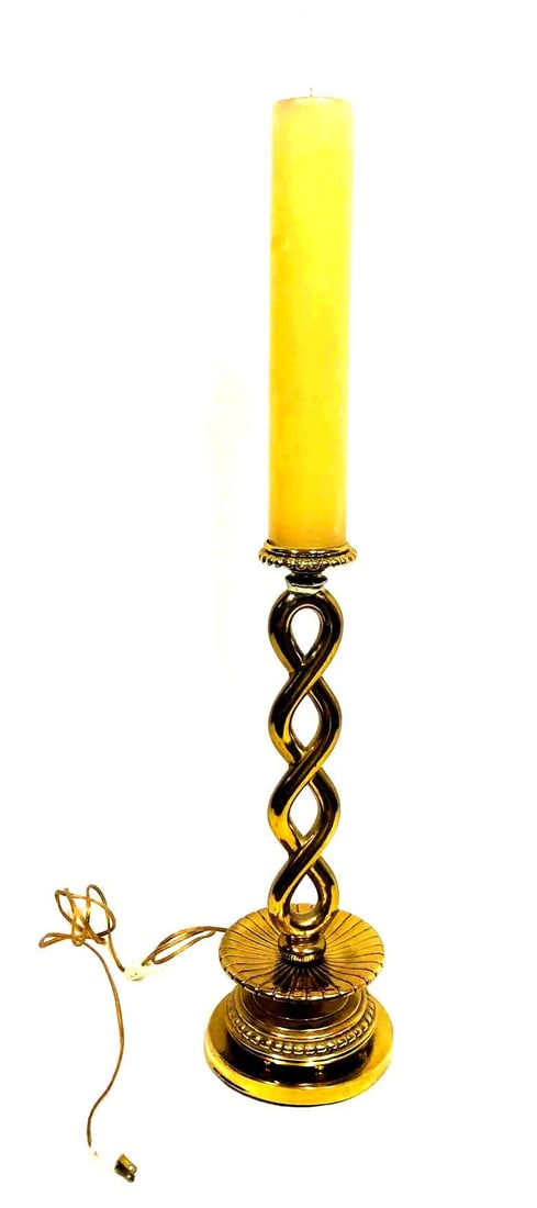 Vintage Mid Century Modern Leviton Candle Lamp Gold Colored Unique Design: This lot contains a vintage Leviton candle lamp gold colored with unique twist design. It is approx 7" x 7" x 36 3/4" and weighs about 10.9lbs. Overall the lamp is in good used condition with some lig
