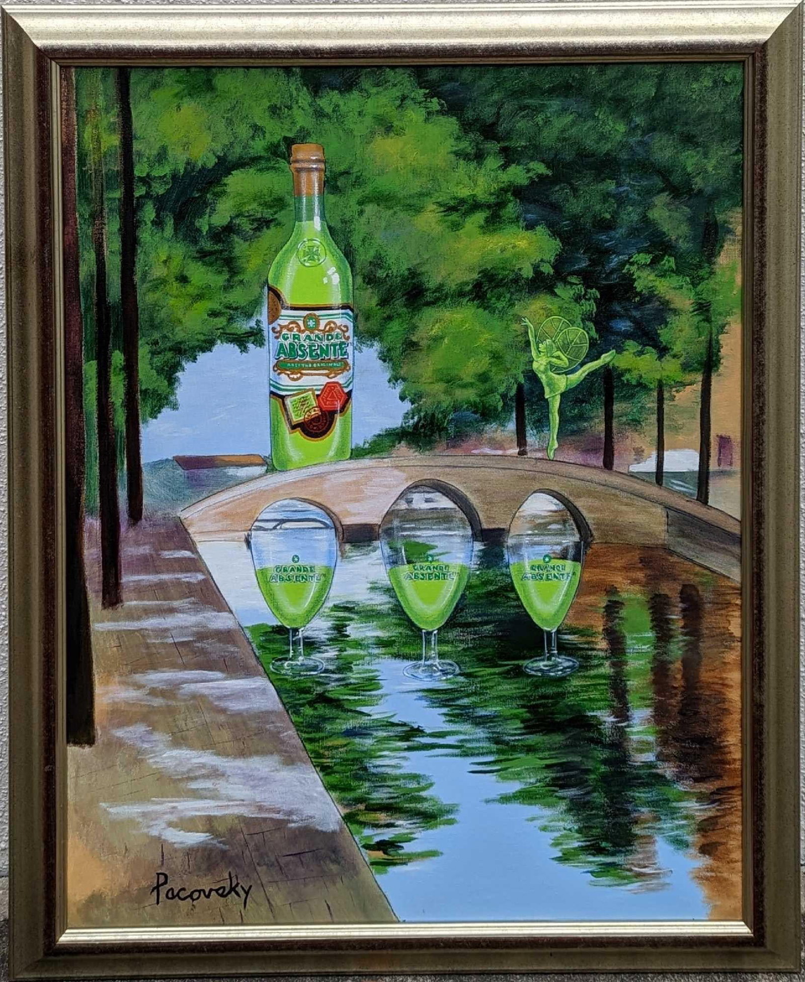 John Pacovsky Acrylic On Canvas Absente Absinthe: John Pacovsky Acrylic On Canvas Absente Absinthe. This was inspired by William Merrit Chase's "Reflections.". The framed original that was Commissioned by Absente brand