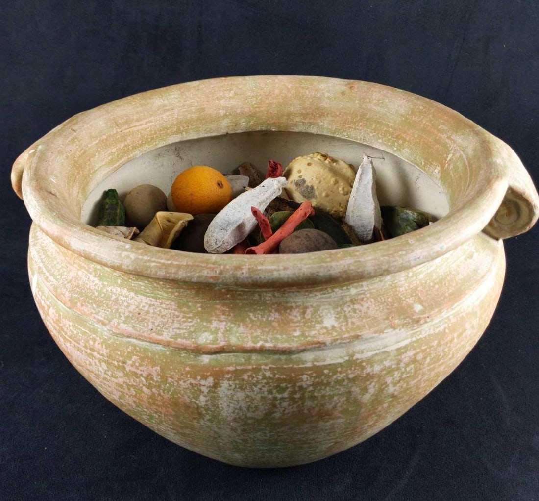 Vintage Style Ceramic Pot With Decorative Gourds: Here is a ceramic pot filled with decorative gourds (and pinecones, fruit skin, etc). Maker and date of creation is unknown. Pot is approx 15" x 13" x 10". Pot is in good, vintage style condition