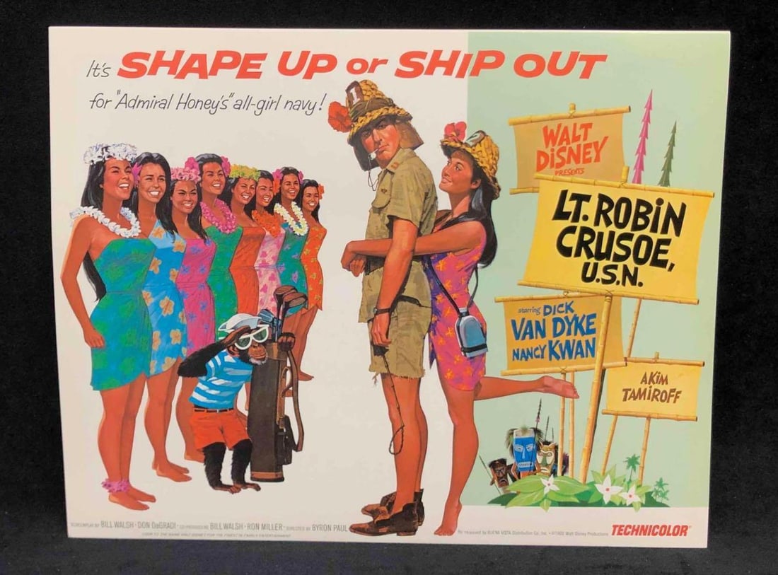 8 Walt Disney Presents LT. Robin Crusoe, U.S.N. Lobby Cards 1966 (FCB): This lot contains 8 Walt Disney Presents LT. Robin Crusoe, U.S.N. Lobby Cards 1966 (FCB). This is from the Disney live-action movie starring Dick Van Dyke, Nancy Kwan, and Arthur Malet. Enclosed lobby