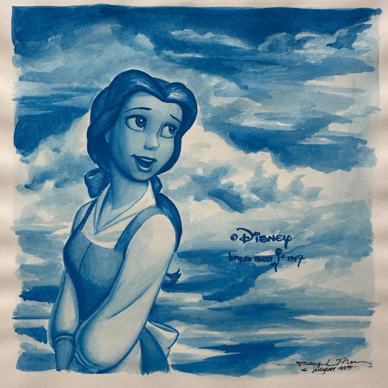 Bryan Mon Original Disney Belle Hand Signed and Drawn Sketch Illustration Watercolor 1997 (1 of 15)