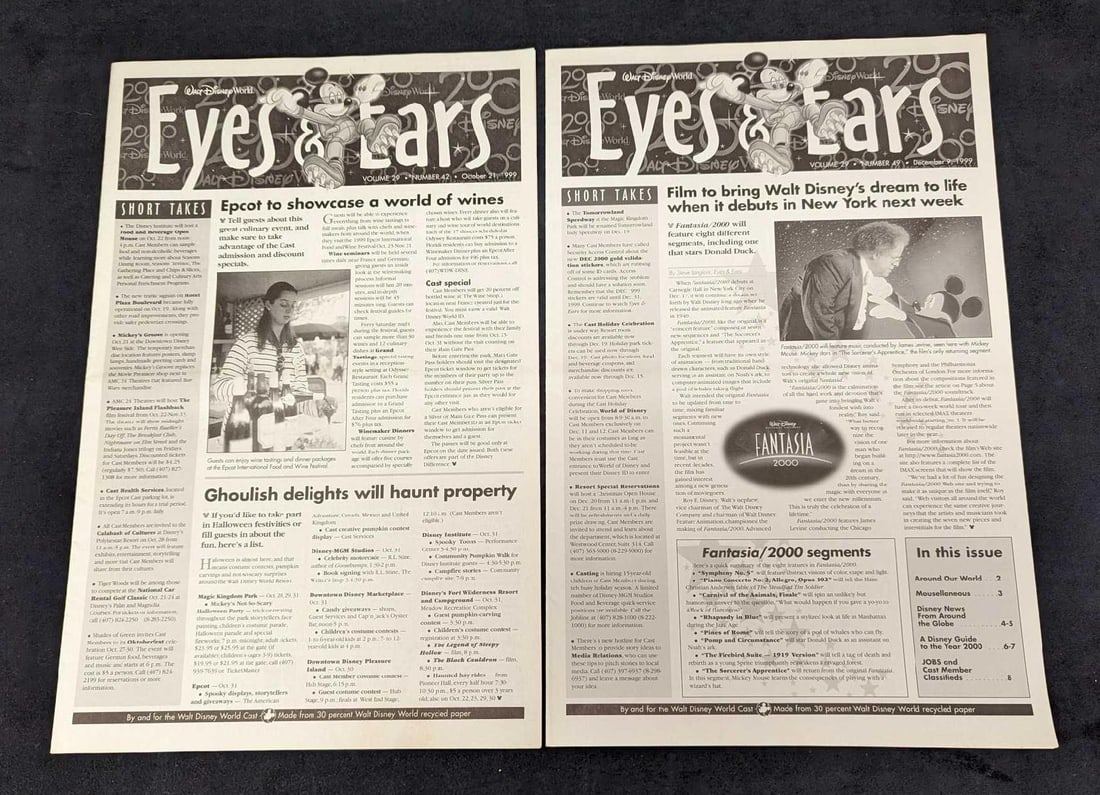 2 Disney Eyes & Ears Cast Member Newsletter 1999: 2 Disney Eyes & Ears Cast Member Newsletter 1999. This lot includes Disney cast-member (employee) newsletters from December 9, 1999 and October 21, 1999. Each is approx 11" x 17" and the total weight 