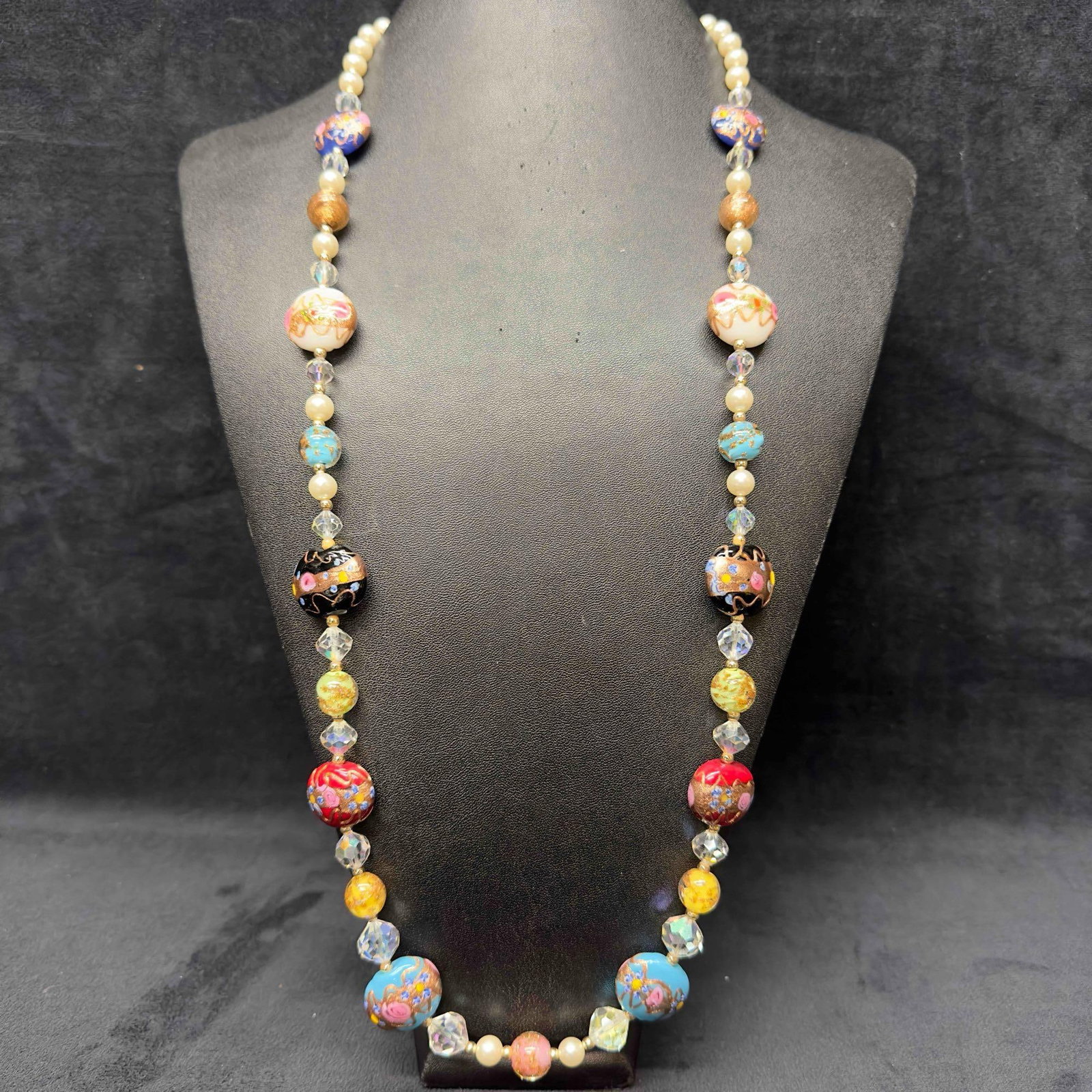 Murano Venetian Art Glass Lamp Work Bead Multi Colored Beaded Pearl Copper Accents Long Necklace C8: Murano Venetian Art Glass Lamp Work Bead Multi Colored Beaded Pearl Copper Accents Long Necklace C8. Necklace with multi colored glass beads with beautiful hand painted designs on each. The necklace f