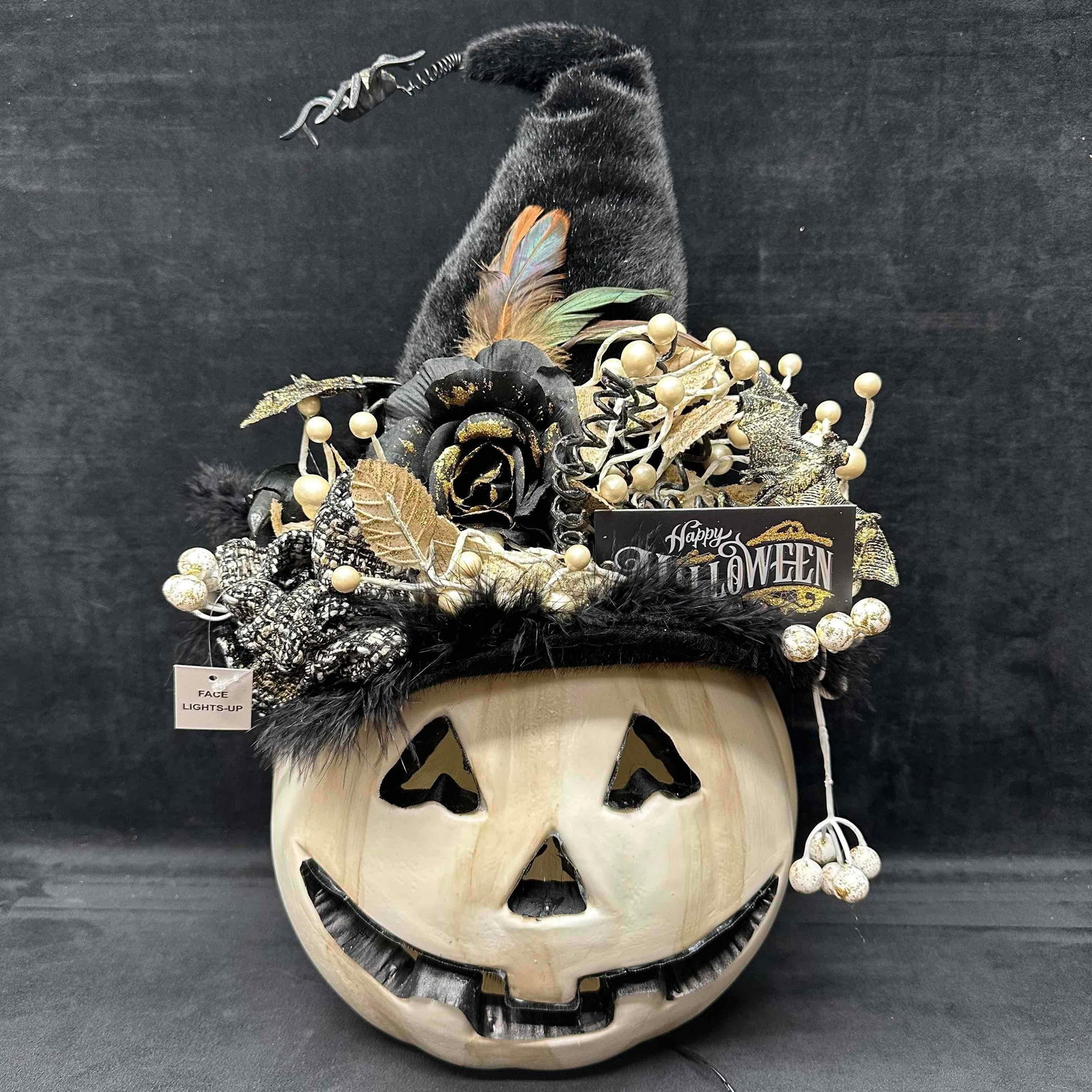 Karen Didion Lighted Fiber Optic White Pumpkin with Black Witch Hat Light Up Decor (1 of 15)