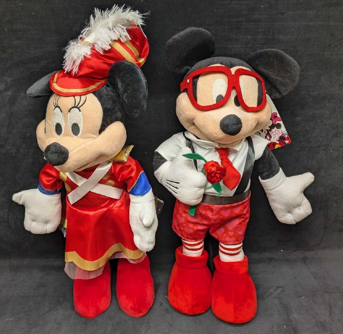 Disney Mickey Mouse Nerd And Nutcracker Minnie Greeters: Disney Mickey Mouse Nerd And Nutcracker Minnie Greeters. This lot includes: (1) Mickey Mouse "Nerd" Valentine's Day Greeter. This is approx 13" x 8" x 21". Mickey has issues st