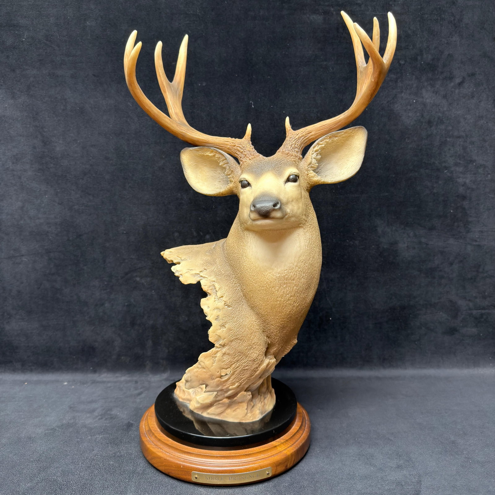 Joe Slockbower Noble Presence Whitetail Buck Sculpture Signed and Numbered R240: Limited edition wildlife sculpture titled "Noble Presence" by Joe Slockbower. This finely detailed sculpture depicts a mature whitetail buck emerging from a rugged natural form and is mounted 