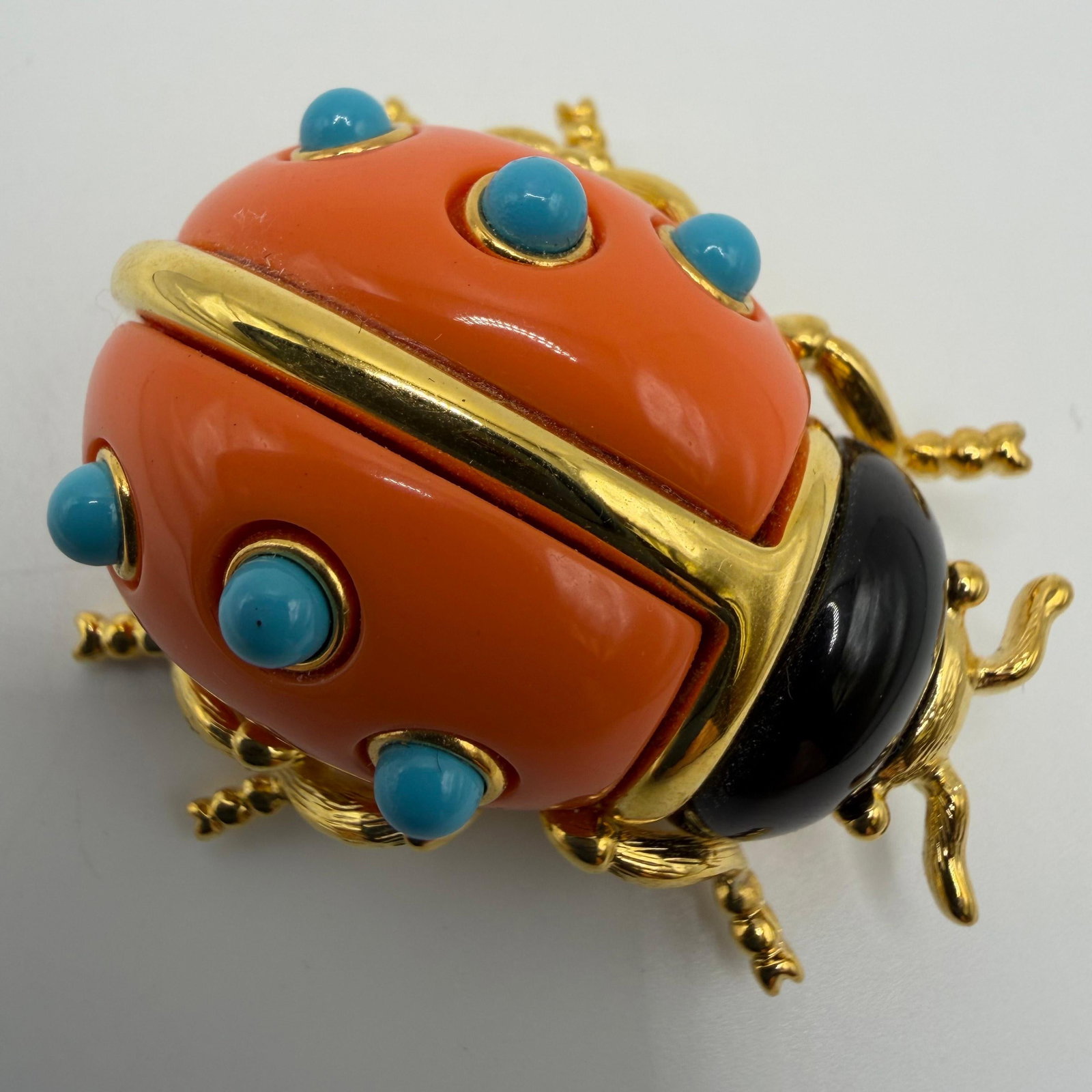 KJL Kenneth Jay Lane Ladybug Brooch Faux Coral and Turquoise Gold Tone (1 of 5)