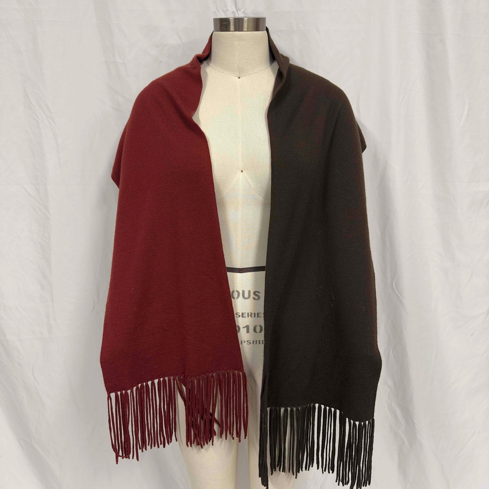 Hermes Cashmere Lana Merino Shawl Scarf Wrap Muffler Brown and Maroon Italy: Hermes Cashmere Lana Merino Shawl Scarf Wrap Brown Maroon Muffler Italy. Light wear and staining, overall good condition. This item is in good pre-owned, previously worn condition with light wear, and