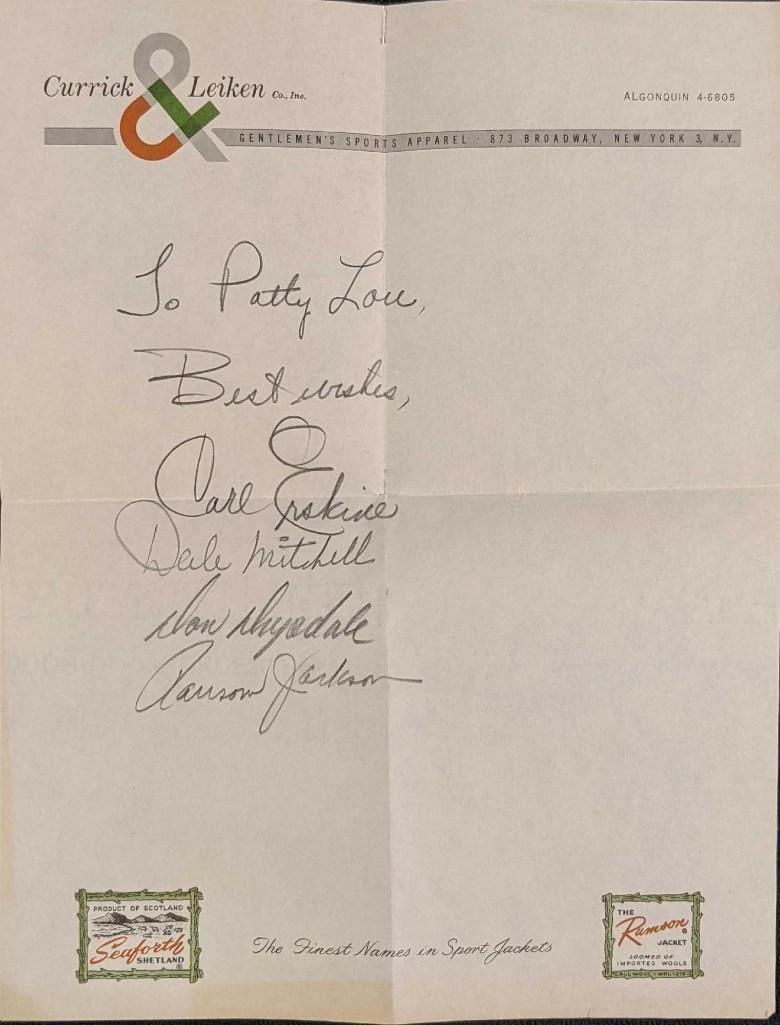 Brooklyn Dodgers Signed Don Drysdale & Others Letter: Brooklyn Dodgers Signed Don Drysdale & Others Letter. This letter is signed by: (1) Dale Mitchell. (1) Carl Erskine. (1) Don Drysdale. (1) Randy Jacks