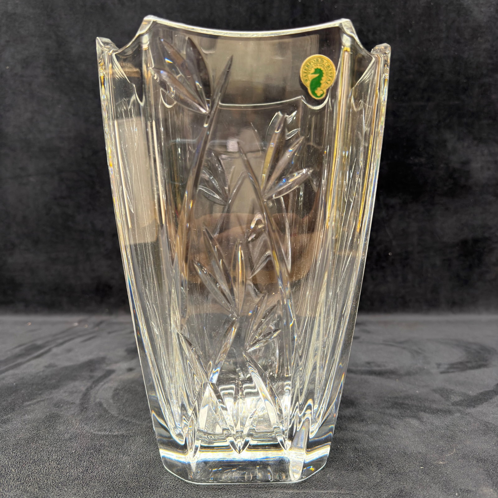 Waterford Crystal Bamboo Pattern 10 inch Lead Crystal Vase Made in Ireland R240: Waterford Crystal lead crystal vase in the Bamboo pattern, measuring approximately 10 inches tall. Features deeply cut bamboo stalk and leaf motifs with a scalloped rim and substantial, heavy,