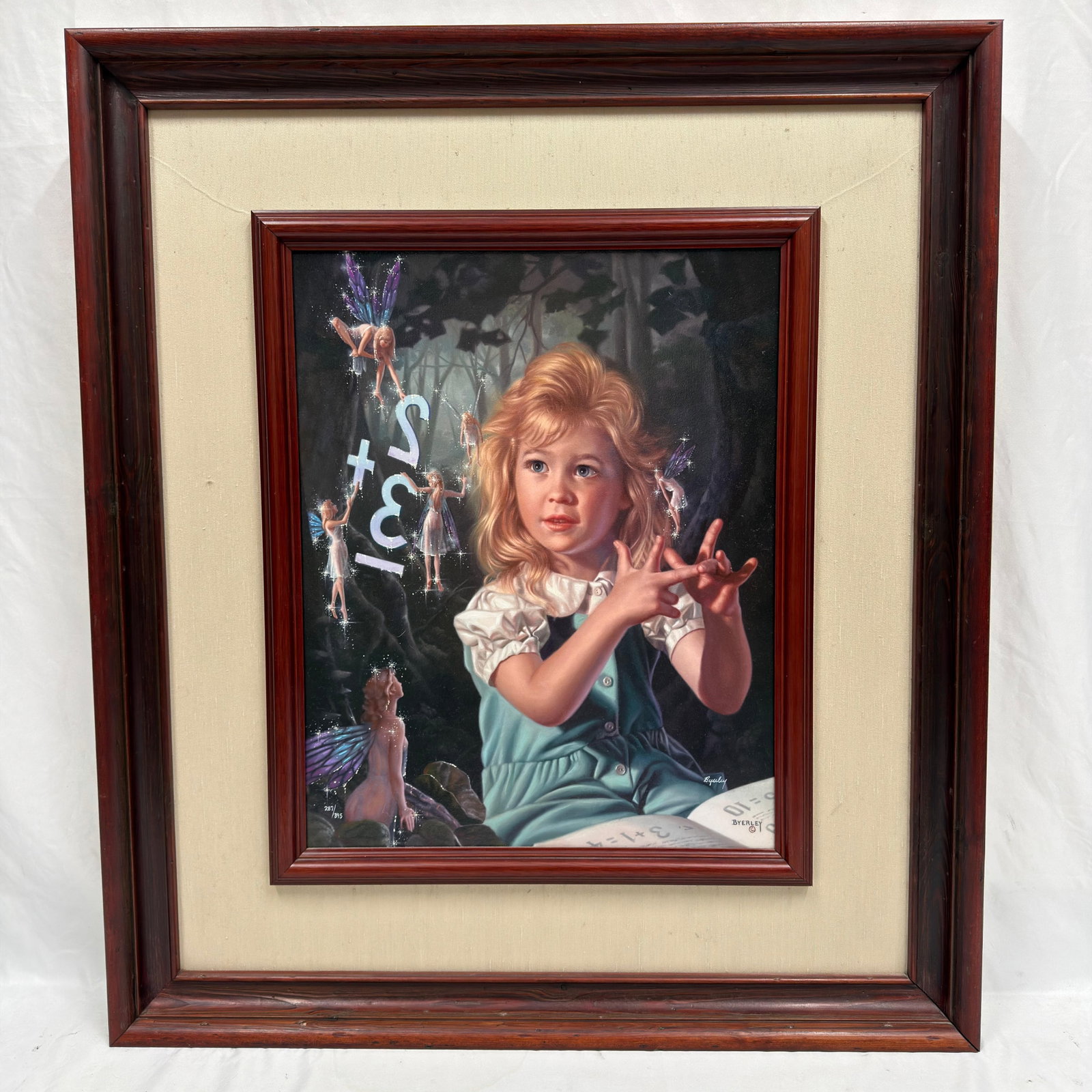 Bob Byerley Hand Signed and Numbered Giclee Print Framed Fairy Fantasy Scene R240: Limited edition giclee print by acclaimed American artist Bob Byerley, hand-signed and numbered 287/395. The artwork depicts a young girl surrounded by fairies in one of Byerley's